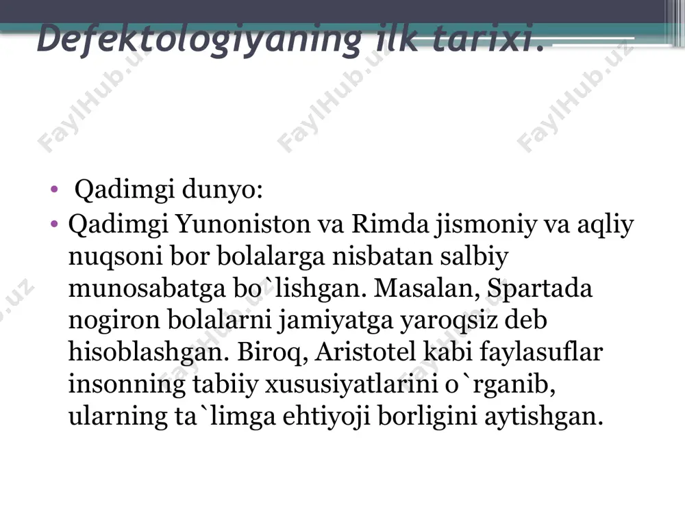 920 – chor rossiyasi davrida 5 -6 % nuqsonli bolalar davlat tomonidan tashkil etilgan maxsus ta`lim-tarbiyaga jalb etilgan edi. 1925 – yil moskva shahrida eksperimental defektologiya ilmiy tadqiqot instituti tashkil etildi. bu institutni l.s. vigotskiy boshqardi. vigotskiy anomal bolalardagi shikastlanishning murakkab tuzilishi haqida ta`limotni ishlab chiqdi. 1929-yilda o`zbekiston respublikasi markaziy ijro qo`mitasi raisi yo`ldosh oxunboboyev tahabbusi bilan nuqsonli bolalar uchun toshkentda alohida maktab ochildi. ko`r bolalar uchun mo`ljallangan binoda dastlab maktab yoshidan o`tgan 20 ta bola ta`lim oldi. undan so`ng bu maktabga maktabgacha yoshdagi bolalar qabul qilindi. 1930 – 1931 – o`quv yilida ta`lim o`zbek tilida olib boriladigan ko`r bolalar 1 – sinfining ochilishi muhim ahamiyat kasb etgan voqea bo`ldi. 1930 – yillarning oxiriga kelib qo`qon va buxoroda ham xuddi shunday maktablar ochildi. 1931 – yilda nuqsonli bolalarni majburiy ta`limga jalb etish haqida qaror qabul qilindi. moskva va leningrad pedogogika oily o`quv yurtlarida hamda toshkentdagi 3 – pedogogika bilim yurtlarida …