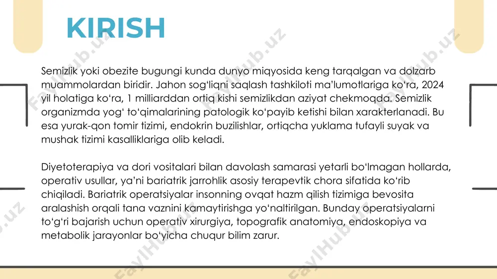 bo‘shatiladi — bu orqali shifokorlar ovqat o‘tish tezligini nazorat qilishlari mumkin. • afzalliklari: reversibil (orqaga qaytarish mumkin), kamroq invaziv, metabolik kasalliklarga kam ta’sir qiladi. • kamchiliklari: halqa siljishi, infeksiya, ovqatni qayt qilish, natijalar darajasi bemorning o‘ziga bog‘liq. bariatrik operatsiyalarning tasnifi vertikal gastroplastika (vbg) • jarrohlik mohiyati: ushbu usulda oshqozon yuqori qismidan vertikal yo‘nalishda tikuvlar yoki kesma orqali tor o‘tish yo‘li hosil qilinadi. ayrim holatlarda ushbu kanalning pastki qismiga ham silikon halqa qo‘yiladi. bu bilan oshqozonning hajmi keskin kamayadi va bemor tezroq to‘yadi. • anatomik joylashuvi: kesma odatda kardia va korpus oralig‘idan o‘tkaziladi. hosil bo‘lgan tor kanal orqali ovqat faqat oz miqdorda o‘ta oladi. • afzalliklari: kamroq invaziv, qisman fiziologik yo‘l saqlanadi. • kamchiliklari: kengayish xavfi, qayt qilish, past samaradorlik, uzoq muddatli kuzatuvda bandajlilarga qaraganda kamroq afzallik beradi. bariatrik operatsiyalarning tasnifi sleeve gastrektomiya (sg) • jarrohlik mohiyati: bu operatsiyada oshqozonning korpus va fundus qismlari (ya’ni katta egri chizig‘i bo‘ylab joylashgan asosiy …