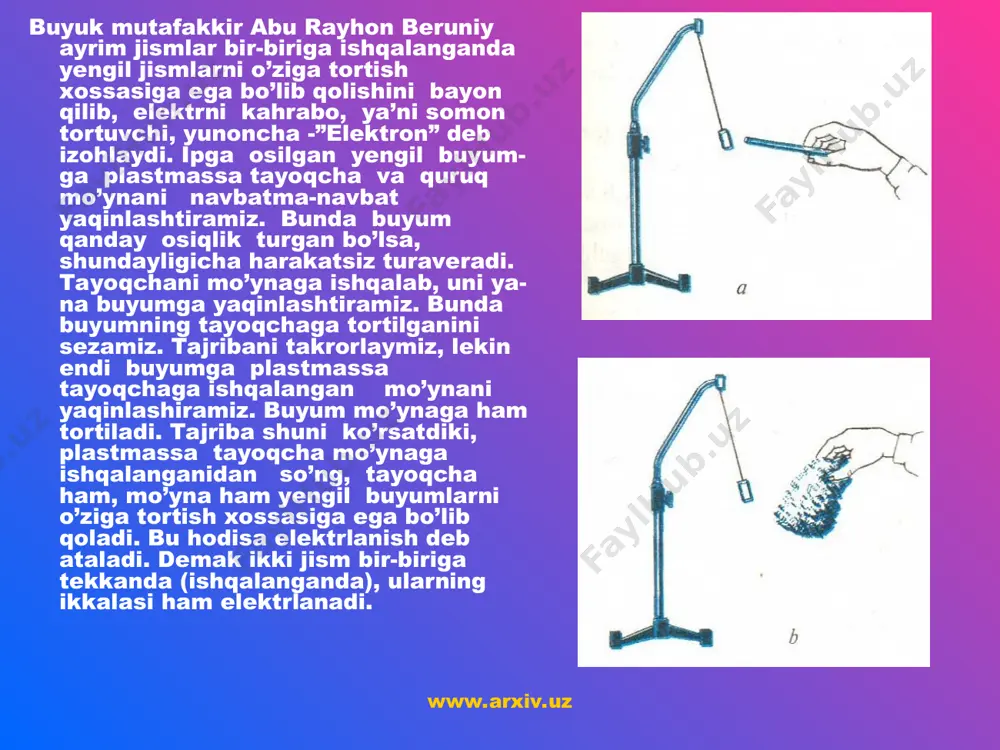 ashtirib, uning asta–sekin tayoqcha tomon burilganini sezamiz. elektrlangan jismlarga faqat qattiq jismlargina emas, balki suyuqliklar ham tortiladi. bunga ishonch hosil qilish uchun idishdan oqib chiqayotgan ingichka suv tizimiga elektrlangan tayoqchani yaqinlashtiramiz. suv tizimi elektrlangan tayoqcha tomonga og’ganini sezamiz. elektrlangan jismlar gazlarni ham o’ziga tortadi: sham yoki gaz alangasiga elektr-langan tayoqchani yaqinlashtirsak, alanga-ning ham tayoqcha tomon tortilishini seza-miz. elektrlangan jismlarning xossalari ularga boshqa jismlarning tortilishi bilan cheklan-maydi. biror jism kuchli elektrlansa va u boshqa jismga yaqinlashtirilsa, ular orasida uchqun chaqnaydi va chirsillagan ovoz chiqadi.jism qancha kuchli elektrlansa, uchqun shuncha yorqin, chirsillagan ovoz esa shunchalik kuchli bo’ladi. www.arxiv.uz www.arxiv.uz elektrning ikki turi. ikkita bir xil plastmassa tayoqcha olamiz. tayoqchalardan birining o’rtasini chuqur parmalaymiz va uni mo’ynaga ishqalab, o’tkir uchli asosga o’rnatamiz. ikkinchi tayoqchani ham mo’ynaga ishqalaymiz va birinchi tayoqchaga yaqinlashtiramiz. bunda uchli asosga o’rnatilgan tayoqcha qo’limizdagi tayoqchadan itarilganini sezamiz. endi uchli asosga o’rnatilgan tayoqchaga ishqalangan mo’ynani yaqinlashtiramiz. tayoqcha mo’ynaga tortiladi. bir bo’lak …