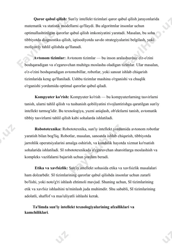 h imkoniyati beriladi. tajribaga asoslangan o‘rganish sun'iy intellekt yordamida interaktiv simulyatsiyalar va o‘quv o‘yinlari yaratish mumkin. bu o‘quvchilarga murakkab tushunchalarni amaliy tajriba orqali o‘rganishga yordam beradi. misol uchun, fizika yoki kimyo fanlarida tajribalar simulyatsiyasini amalga oshirish mumkin, bu esa o‘quvchilarga yanada samarali o‘rganishga imkon beradi. yangi texnologiyalarga kirish sun'iy intellekt ta'limni global miqyosda kengaytirishga yordam beradi. masalan, masofaviy ta'lim, onlayn kurslar, va ta'lim platformalari yordamida o‘quvchilar dunyoning istalgan burchagidan bilim olishlari mumkin. kamchiliklari: o‘qituvchilarning rolini kamaytirish sun'iy intellektning ta'limda qo‘llanishi ba'zan o‘qituvchilarning rolini kamaytirishi mumkin. agar texnologiyalarga haddan tashqari tayanilsa, bu o‘qituvchilar bilan bevosita muloqotning kamayishiga olib kelishi mumkin, bu esa o‘quvchilarning ijtimoiy va emotsional rivojlanishiga salbiy ta’sir ko‘rsatishi mumkin. texnologiyalarga tayanishning ortib ketishi o‘quvchilar va o‘qituvchilar sun'iy intellekt texnologiyalariga haddan tashqari tayanishsa, bu o‘quv jarayonining shaxsiylashtirilganligi va kreativlikni rivojlantirishda cheklovlar keltirib chiqarishi mumkin. texnologiya o‘quvchilarning mustaqil fikrlashini kamaytirishi, ularga tayanishga olib kelishi mumkin. xavfsizlik va maxfiylik muammolari sun'iy intellekt …