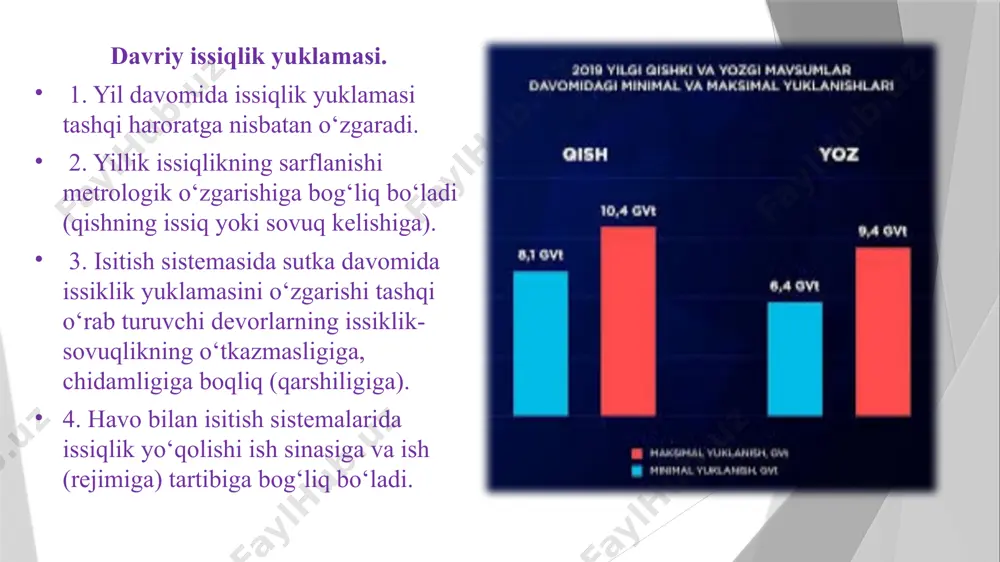 ni ortishi va kozon kurilmasidan kichik kattalikdagi rezerv kuvvat talab kilinadi. aylanma magistralning narxini oshishi bilan issiklik energiyasi manbaida kurilish xarajatlari pasayadi.aylanma magistral 1 uchta issiklik elektr markaziga ulangan, iste’molchilar 2 markaziy issiklik punkti 6 orqali o‘tib aylanma magistralga berk sxema bo‘ylab ulanadi. nazorat savollari: 1. issiqlik energiyasini iste’mol qilish nechigaga bo‘linadi? 2. markazlashmagan issiqlik ta’minoti tavsiflang? 3. issiklik tarmog‘i sxemalari nimalarga bog‘liq ? 4. issiklik tarmog‘i sxemalari turlari ? 5. yillik issiqlik yuklamasi xaqida gapiring ? asosiy adabiyotlar 1. m.k.tursunov x.a.matniyozov.sh.k.mansurova «issiqlik ta’minoti tizimlari», o’quv qo’llanma.jizzax-2019y 2. mamajonov t.m., nurmanov s.r. «issiqlik ta’minoti», o’quv qo’llanma. toshkent tak.i 2018y.- 214 3. m.r.ismanxodjayeva, f.x.nishonov “binolarning injenerlik kommunikatsiyalari” o‘quv qo‘llanma, toshkent 2019 302 bet qo‘shimcha adabiyotlar 1. mirziyoyev sh.m. 21.02.2022 y. pq-139-son "uy-joylar qurilishini va qurilish materiallari sanoatini qo‘llab-quvvatlashning qo‘shimcha chora-tadbirlari to‘g‘risida"gi qarori 2. mirziyoyev sh.m “ma’muriy islohotlar doirasida qurilish va uy-joy kommunal xo‘jaligi sohasida davlat boshqaruvini samarali tashkil qilish chora-tadbirlari to‘g‘risida” …