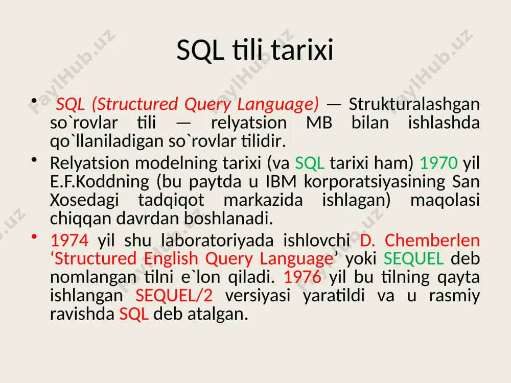 latish imkonini beradigan yangi ma`lumotlar tipi kiritilgan. bu tipning ob`ektga mo`ljallanganlik darajasi yuqori hisoblanadi. sql tilini to`la qonli an`anaviy dasturlash tillari tarkibiga kiritib bo`lmaydi. chunki, unda dastur bajarilishini boshqaruvchi va boshqa ko`pgina an`anaviy operatorlar yo`q. unda faqat mb da saqlanayotgan ma`lumotlarga murojaat qiluvchi operatorlar mavjud. sql tili o`rganish uchun juda oson. sql: bu noprotsedurali til. shuning uchun, unda ma`lumotni qanday olish emas, balki qanday ma`lumot olish kerakligi ko`rsatiladi. buyruqlar ingliz tilining odatdagi so`zlaridan iborat kalit so`zlardan tashkil topgan, masalan, create table (jadval yaratish), insert (kiritish), select (tanlash) axborot texnologiyalari sanoatida sql tili ommaviy tarqalishi jihatidan eng oldingi o`rinlarda turadi. sql tili sql - kompyuter mb da saqlanuvchi ma`lumotlarni qayta ishlash va o`qish uchun mo`ljallangan instrument bo`lib, u faqat relyatsion mb bilan ishlaydi. barcha relyatsion mbbt lar sql tilini tushunadi. bu sxemaga muvofiq hisoblash tizimi ma`lumotlarni saqlanuvchi mb ga ega bo`ladi. agarda foydalanuvchi mb dan ma`lumotlarni o`qimoqchi bo`lsa, u buni mbbt …