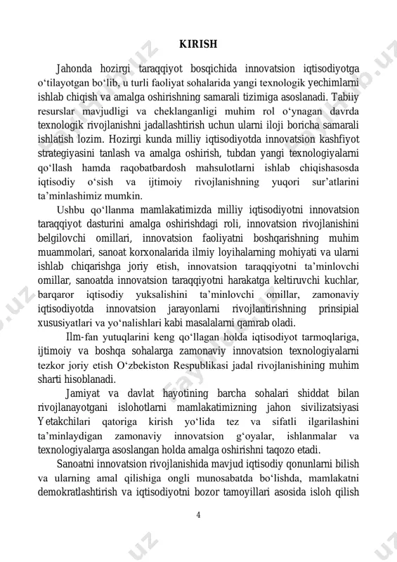 sturini amalga oshirishdagi roli, innovatsion rivojlanishini belgilovchi omillari, innovatsion faoliyatni boshqarishning muhim muammolari, sanoat korxonalarida ilmiy loyihalarning mohiyati va ularni ishlab chiqarishga joriy etish, innovatsion taraqqiyotni ta’minlovchi omillar, sanoatda innovatsion taraqqiyotni harakatga keltiruvchi kuchlar, barqaror iqtisodiy yuksalishini ta’minlovchi omillar, zamonaviy iqtisodiyotda innovatsion jarayonlarni rivojlantirishning prinsipial xususiyatlari va yo‘nalishlari kabi masalalarni qamrab oladi. ilm-fan yutuqlarini keng qo‘llagan holda iqtisodiyot tarmoqlariga, ijtimoiy va boshqa sohalarga zamonaviy innovatsion texnologiyalarni tezkor joriy etish o‘zbekiston respublikasi jadal rivojlanishining muhim sharti hisoblanadi. jamiyat va davlat hayotining barcha sohalari shiddat bilan rivojlanayotgani islohotlarni mamlakatimizning jahon sivilizatsiyasi yetakchilari qatoriga kirish yo‘lida tez va sifatli ilgarilashini ta’minlaydigan zamonaviy innovatsion g‘oyalar, ishlanmalar va texnologiyalarga asoslangan holda amalga oshirishni taqozo etadi. sanoatni innovatsion rivojlanishida mavjud iqtisodiy qonunlarni bilish va ularning amal qilishiga ongli munosabatda bo‘lishda, mamlakatni demokratlashtirish va iqtisodiyotni bozor tamoyillari asosida isloh qilish 5 jarayonlarining mohiyatini tushunishda talabalarni zarur bo‘lgan bilimlar bilan qurollantiradi. mehnatni bilimlar bilan almashtirish talabalarga mehnat faoliyatini …