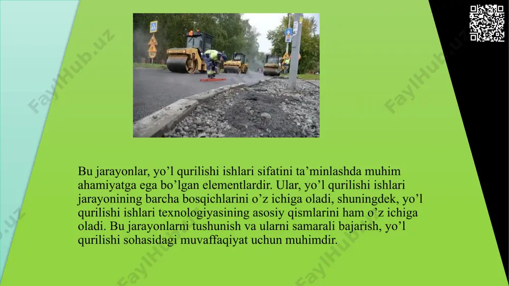 lishi ishlari jarayonining muhim qismidir. ular, yo’l qurilishi ishlari jarayonining barcha bosqichlarini o’z ichiga oladi, shuningdek, yo’l qurilishi ishlari texnologiyasining asosiy qismlarini ham o’z ichiga oladi. keyin, to’ldirish ishlari amalga oshiriladi. bu jarayon, yer yuzasini to’ldirish materiallari bilan to’ldirishni o’z ichiga oladi. bu jarayon, yo’l qurilishi ishlari jarayonining asosiy qismidir va ular yo’l qurilishi ishlari sifatini ta’minlashda muhim rol o’ynaydi. qirqib olish ishlari esa, yer yuzasini to’ldirish materiallari bilan qirqib olishni o’z ichiga oladi. qirqib olish ishlari, yo’l qurilishi ishlari jarayonining asosiy qismidir va ular yo’l qurilishi ishlari sifatini ta’minlashda muhim rol o’ynaydi. nihoyat, to’ldirish va qirqib olish ishlari natijalarini tekshirish uchun nazorat va sinovlar o’tkaziladi. bu jarayon, to’ldirish va qirqib olish ishlari sifatini ta’minlash uchun zarurdir. bu jarayonlar, yo’l qurilishi ishlari sifatini ta’minlashda muhim ahamiyatga ega bo’lgan elementlardir. ular, yo’l qurilishi ishlari jarayonining barcha bosqichlarini o’z ichiga oladi, shuningdek, yo’l qurilishi ishlari texnologiyasining asosiy qismlarini ham o’z ichiga oladi. …