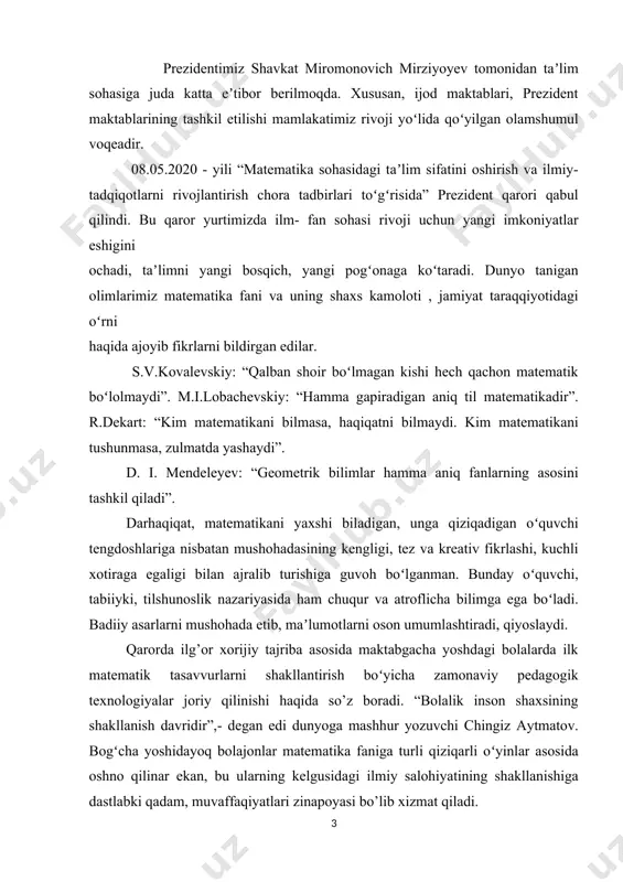 tik tasavvurlarni shakllantirish boʻyicha zamonaviy pedagogik texnologiyalar joriy qilinishi haqida so’z boradi. “bolalik inson shaxsining shakllanish davridir”,- degan edi dunyoga mashhur yozuvchi chingiz aytmatov. bogʻcha yoshidayoq bolajonlar matematika faniga turli qiziqarli oʻyinlar asosida oshno qilinar ekan, bu ularning kelgusidagi ilmiy salohiyatining shakllanishiga dastlabki qadam, muvaffaqiyatlari zinapoyasi bo’lib xizmat qiladi. zero, yosh avlodning iqtidor va isteʼdodlarini qo’llab-quvvatlab yangi marralarga yo’naltirish , malakali kadrlar sifatida vatanimizga fidoyi farzand boʻlib yetishishlari uchun qanot berishimiz kerak. uchish bu matematikadir ! mavzu dolzarbligi: mavzu asosan bo’lajak o’qituvchining o’rgangan bilim, ko’nikma, malakalarini umumlashtirish. birinchi turdagi sirt integrali matematika analiz mavzularidan biri bo’lib, ayniqsa integral hisobi va funksiyalar tahliliga qiziqqan talabalar va tadqiqotchilar uchun qiziqarli mavzudir. bundan tashqari, ushbu mavzu muhandislik, fizika va iqtisod kabi turli fanlarda qo’llaniladigan bo'lgani uchun, bu sohalarda ishlaydiganlar uchun muhim bo'lishi mumkin. mavzu maqsad va vazifalari: birinchi turdagi sirt integralga doir misollar o’rganib chiqildi. bunda avvalo nazariy qismi berildi. so’ngra misollar va …