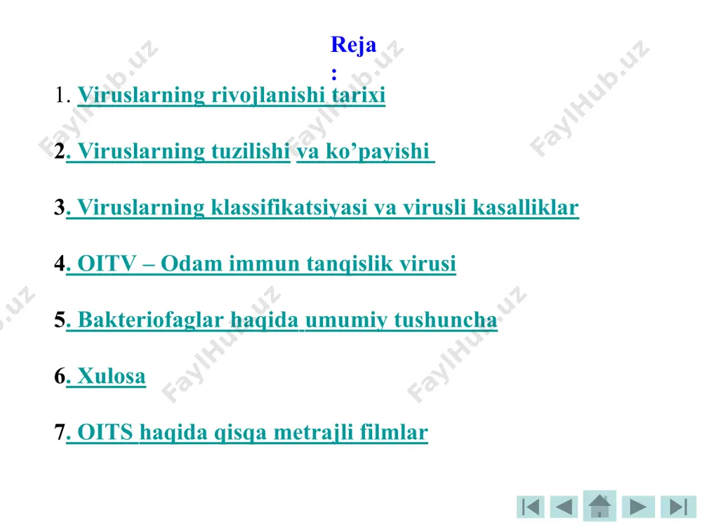 zg‘atuvchi 1000 dan, o‘simliklarda 800 dan ortiq turi ma’lum. 2. viruslarning tuzilishi va rivojlanishi viruslar juda ham mayda bo‘lib, oddiy mikroskopda ko‘rinmaydi, ularni faqat 1000 va 10000 marta katta qilib ko‘rsatadigan elektron mikroskopda ko‘rish mumkin. shuning uchun ularning kattaligi millimikron yoki nanomikron bilan o‘lchanadi. virus – lotincha “zahar” degan ma’noni bildiradi. chunki viruslar o‘zidan zahar chiqarib ko‘pgina o‘simliklar, hayvonlarda va odamlarda turli: ya’ni o’simliklarda qand lavlagining sariq virusi, kartoshka bargining buralishi virusi, beda jaroxati shishi, beda mozaikasi virusi, hayvonlarda va odamda esa gripp, qizamiq, chechak, suvchechak, quturish kabi kasalliklarni keltirib chiqaradi. viruslar quyidagi shakllarda bo‘lishi aniqlangan. masalan, tayoqchasimon, sharsimon, kubsimon, ipsimon shakllarda bo‘ladi. umuman viruslarga xos xususiyatlar quyidagilar: 1) viruslarning kattaligi 7-20 nm dan 250-360 nm gacha; 2) filtrlardan, ya’ni bakteriyalarni tutib qoladigan filtrlardan bemalol o‘tib ketadi; 3) hujayraviy tuzilishga ega emas; 4) sun’iy oziq muhitida rivojlanmaydi; 5) faqat tirik hujayralarda parazit holda rivojlanadi va shu hujayradagi moddalar almashinuvi jarayonini …