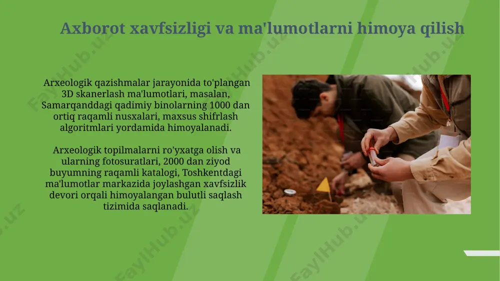 shaklini tahlil qilib, ularning geografik kelib chiqishini aniqlashga yordam beradi. fotosuratkashlik va videofilmlarni qayta ishlash videofilmlarni tahlil qilishda, masalan, python va opencv kutubxonalaridan foydalanib, harakat analizini amalga oshirish orqali, 50 kadr/soniya tezlikdagi videolardan 2000 dan ortiq harakat nuqtalarini aniqlash va harakat trayektoriyalarini yaratish mumkin, bu esa marg'ilon shahridagi qazishmalarda ob'ektlarning o'rnini aniqlashga yordam beradi. giper spektral tasvirlarni (masalan, 200 dan ortiq spektral kanallar bilan) qayta ishlash orqali, taxtaxqurgan yaqinidagi qazishmalarda topilgan seramika parchalari yuzasidagi pigmentlarni aniqlash va ularning kimyoviy tarkibini tahlil qilish, 0.1 mm aniqlikda mumkin bo'ladi. genetik tahlil genetik tahlil yordamida 5000 yildan ortiqqa choʻzilgan qadimgi misr mumiyalari genotiplarini aniqlash orqali ularning kelib chiqishi va migratsiya yoʻllari haqida maʼlumot olish mumkin. arxeologik qazishmalar natijasida oʻzbekiston hududidan topilgan 2000 yillik inson qoldiqlarida olib borilgan genetik tahlillar ularning kasallikka chalinganligi va parheziga oid maʼlumotlarni taqdim etdi. sun'iy intellektning qo'llanilishi 2022-yilda aqshning arizona shtatida joylashgan arxeologik qazishmalarida sun'iy intellekt 15 mingdan ortiq …