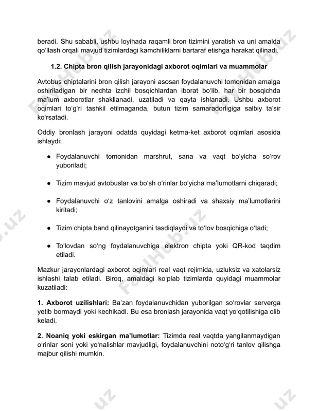 shtirish, ularni real vaqt rejimida boshqarish, xatoliklarni avtomatik aniqlash va tuzatish imkoniyatlarini ishlab chiqish muhim sanaladi. shuningdek, tizimda foydalanuvchilar faoliyatini loglash, tranzaktsiyalar tarixini saqlash, va serverlarning yuklanishini monitoring qilish vositalarini joriy etish orqali axborot oqimlarini barqarorlashtirish mumkin. aynan shu yo‘nalishda to‘g‘ri rejalashtirilgan axborot oqimlari asosida ishonchli va samarali chipta bron qilish tizimini yaratish mumkin bo‘ladi. 1.3. chet el tajribasi: turkiya, estoniya va janubiy koreya misolida zamonaviy transport tizimlarini avtomatlashtirish jarayonida ko‘plab rivojlangan davlatlar muvaffaqiyatli natijalarga erishgan. ularning tajribasi o‘zbekiston uchun ham foydali model bo‘lib xizmat qilishi mumkin. ayniqsa, chipta bron qilish tizimining qulayligi, foydalanuvchi interfeysi, xavfsizlik darajasi va mobil integratsiyasi borasidagi yondashuvlari o‘rganishga arzigulikdir. turkiya tajribasi turkiyada jamoat transporti, ayniqsa shaharlararo avtobus qatnovlari raqamlashtirish bo‘yicha katta yutuqlarga erishgan. “obilet” va “biletall” kabi platformalar orqali foydalanuvchilar turli yo‘nalishdagi avtobus chiptalarini onlayn bron qilishlari mumkin. bu tizimlar mobil ilovalar orqali ham to‘liq ishlaydi, qr-kodli chiptalar orqali avtobusga chiqish jarayoni soddalashtirilgan. turkiya modeli …