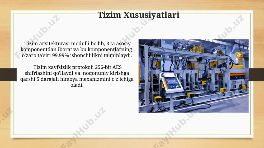 qarish maydonchasini tekshirish. muvofiqlik baholash jarayoni mahsulotning 5 ta asosiy xususiyatini, jumladan, xavfsizlik, ishonchlilik va samaradorlikni o'z ichiga olgan 10 dan ortiq me'yorlarga muvofiqligiga baho beradi. sinov va tekshirish sinov jarayonida kamida 3 ta mustaqil tekshiruvchi guruhlar ishtirok etib, har birining natijalari 95% mos kelishi kerak. tekshiruvlar natijalarini tasdiqlovchi hujjatlar, shu jumladan 100 ta sinov namunalarining to'liq hisobotlari, sertifikatlash jarayonida taqdim etilishi shart. e'tiboringiz uchun rahmat @taqdimot_robot image7.jpg image8.jpg image9.jpg image10.jpg image11.jpg image12.jpg image13.jpg image14.jpg image15.jpg image16.jpg image17.jpg image18.jpg image3.png image4.png