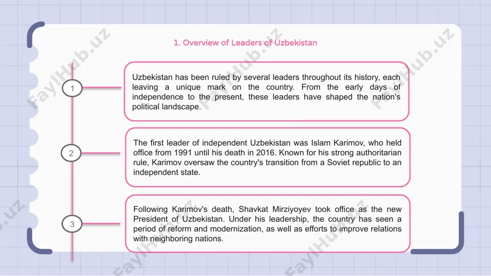 tan has experienced several changes in leadership over the years, with 7 different leaders holding office. the succession of power in uzbekistan has often been marked by political stability and continuity. since gaining independence in 1991, uzbekistan has witnessed various leaders coming to power, each bringing their own vision and policies for the country. the leadership succession process in uzbekistan has largely been smooth and orderly. the leaders of uzbekistan have played a crucial role in shaping the country's political landscape and driving its development. each leader's legacy has left a lasting impact on the nation and its people. 8. women leaders in uzbekistan's history uzbekistan has a rich history of women leaders who have made significant contributions to the country. from political leaders to cultural figures, these women have played important roles in shaping uzbekistan's history. one notable leader is gulnara karimova, the daughter of former president islam karimov. …