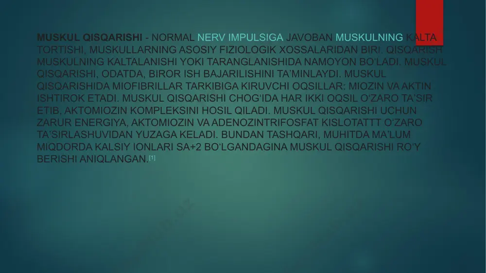 kaziy nerv sistemasidan doimo impul’slar uzoq qisqarib turadi. muskullar bu impul’slarga uzoq qisqarib muskulning shu tetonik qisqarish yoki tetanus deb ataladi. tetanus ikki xil bo‘ladi: tishchali va silliq tetanus. organizmdagi barcha muskullar ikki guruhga: ko‘ndalang-targ‘il va silliq muskullarga bo‘linadi. muskullarning asosiy vazifasi qisqarish bo‘lib, ularning yordamida organizmdagi barcha harakatlar vujudga keladi. ko‘ndalang-targ‘il muskullar (skelet muskullari) odam va hayvonlarning faol harakat qilishini ta’minlaydi. ichki organlaniing devorlari silliq muskullardan tuzilganligi sababli, barcha ichki organlaniing harakatlari ana shu muskullarning faoliyati bilan bog‘liq. masalan, oziqalarning hazm organlari bo‘ylab harakati, qon tomirlarining kengayib-torayishi odamda va umurtqali hayvonlarda silliq muskul to’qimasi asosan ichki organlarda bo’lib, ular harakatni ta'minlaydi. masalan, ichki organlarga ovqat hazm qilish va nafas olish sistemasi organlari, ajratish organlari hamda qon tomirlar va limfa tomirlarining harakatini ta'minlovchi muskullar kiradi. umurtqasiz hayvonlardan bo’imoyoqlilar hamda oyoqli mollyuskalardan tashqari, barcha jonivorlar muskulaturasini tashkil etadi. silliq muskullar, odatda, sekin ritmik qisqarib, charchash xususiyatiga ega emas. tuzilishiga ko’ra, ularning …