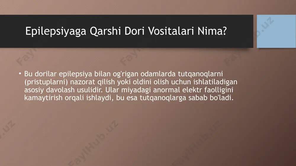 evetiratsetam (levetiracetamum) * topiramat (topiramatum) * gabapentin (gabapentinum) - ko'pincha qo'shimcha terapiya sifatida yoki boshqa holatlarda ham ishlatiladi * pregabalin (pregabalinum) - ko'pincha qo'shimcha terapiya sifatida yoki boshqa holatlarda ham ishlatiladi * zonisamid (zonisamidum) * okskarbazepin (oxcarbazepinum) * lakosamid (lacosamidum) * brivaratsetam (brivaracetamum) muhim jihatlar va ehtiyot choralar: nojo'ya ta'sirlar: har qanday dori kabi, antikonvulsantlar ham nojo'ya ta'sirlarga ega bo'lishi mumkin. eng ko'p uchraydiganlari: uyquchanlik, bosh aylanishi, charchoq, ko'ngil aynishi, qusish, ko'rishning xiralashishi, muvozanatni yo'qotish, toshmalar, vazn o'zgarishi, kayfiyat o'zgarishi. agar nojo'ya ta'sirlar bezovta qilsa yoki jiddiy bo'lsa, darhol shifokorga murojaat qilish kerak. qat'iy riоya qilish: dorilarni shifokor ko'rsatmasiga binoan, belgilangan vaqtda va dozada qabul qilish juda muhim. dozani o'tkazib yuborish yoki to'satdan to'xtatish tutqanoqlarning qaytalanishiga yoki hatto og'irlashishiga (epileptik status) olib kelishi mumkin. boshqa dorilar bilan o'zaro ta'siri: antikonvulsantlar boshqa ko'plab dorilar (shu jumladan, retseptsiz sotiladigan dorilar va o'simlik preparatlari) bilan o'zaro ta'sir qilishi mumkin. shuning uchun har doim …