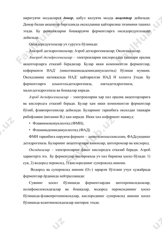 организмдан ташқарида бу органик моддалар молекуляр кислород билан реакцияга киришади. нафас олиш жараёнининг ана шу ўзига хос хусусиятларини аниқлаб, нафас олиш химизмининг хозирги замон тушунчасига асос солган олимлар: а.н.бах, в.и.палладин ва с.п.костичевлар ҳисобланади. а.н. бахнинг пероксид назарияси а.н.бах биологик оксидланишнинг пероксид назариясини 1897 йилда ишлаб чикди. унга кўра атмосферадаги молекуляр кислород инерт холатда бўлиб, органик моддаларни оксидлай олмайди. бунинг учун унинг таркибидаги қўш боғнинг биттаси узилиши ва фаол холатга ўтиши зарур: 0=0 - 0 - 0 - инерт кислород фаол кислород кислород осон оксидланувчи модда (а) билан бирикиб қўш боғдан биттаси узилади ва пероксид (ао2) ҳосил қилади. ҳосил бўлган пероксид (ао2) бошқа в моддани осон оксидлантириб ўзи яна кислородни акцептори вазифасини бажаради. а.н. бах кислородни фаолловчи моддаларни оксигеназалар деб атади. оксигенезаларга ўсимликлар тўқимасида кўп тарқалган ҳар хил кимёвий бирикмалар киради. оксигеназалардаги фаоллашган кислород оксидланаётган субстратга кўчирилади. маълум вақт фанда, бу жараёнда пероксидаза ферменти муҳим аҳамиятга эга, деган фикр ҳукм сурди. …