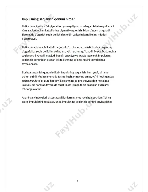 boradi. natijada nomexanik energiyalar: issiqlik yoki kimyoviy, elektromagnit maydon energiyalari va boshqalar vaqt oʻtishi bilan ortib boradi. ammo energiyaning barcha turlari yigʻindisi vaqt oʻtishi bilan oʻzgarmaydi. tizimda sodir boʻlayotgan jarayonlarning tabiatiga qarab, energiyaning saqlanish va aylanish qonuni va a. q. turlicha ifodalanadi va matematik shaklda yoziladi. klassik fizikada moddaning saqlanish qonuni tinch holatdagi massaning saqlanishini ifodalaydi. holbuki, tinch holatdagi massa saqlanmasligi mumkin, chunonchi, shunday holda annigilyatsiya hodisasida roʻy beradi. (4) formuladan tinch holatda turgan jismga turli usullar bilan berilgan le energiya jism massasining at ga ortishiga sabab boʻlishini koʻrsatadi. barcha moddiy hodisalar uchun, ularning tabiati va xarakteridan, katta kichikligi, masshtabidan qatʼi nazar, e.s va a. q. eng asosiy qonunlardandir. fan sohasidagi yangi gʻoyalar va faktlarda baʼzan e.s va a.q.ni inkor etuvchi ayrim fikrlar uchrab turgan. chunonchi, radioaktivlik yoki yemirilish hodisalari e.s va a.q.ga qarshi kechadi degan fikrlar ham boʻlgan, ammo yuqoridagi radiaktivlik yoki yarim yemirilish materiyaning saqlanish qonuniga bo'ysunadi (o'sha …
