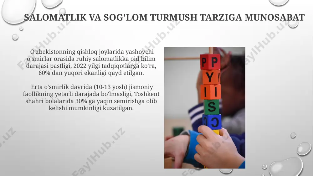 bo'lgan ehtiyoj kuchayib, kiyim-kechak va soch turmagini tanlashda mustaqillik va o'ziga xoslikka intilish namangan viloyati o'quvchilarida tez-tez kuzatiladi. erta o'smirlik davrida, taxminan 11-13 yosh orasida, o'zbekistonlik o'g'il bolalarning 70%ida tajovuzkorlik va qarshilik ko'rsatish xulq-atvorining kuchayishi kuzatiladi, bu esa oila va maktab muhitida muammolarni keltirib chiqarishi mumkin. erta o'smirlik davrida jismoniy o'zgarishlar jinsiy etuklikning boshlanishi va tugashi geografik joylashuvga va irsiy omillarga bog'liq. masalan, janubiy osiyo mamlakatlarida ba'zi o'g'il bolalarda jinsiy etuklik 10 yoshdan boshlanishi mumkin, shimoliy amerika aholisida esa bu jarayon biroz kechroq boshlanadi. erta o'smirlik davrida, taxminan 11-13 yosh orasida, qizlarda o'rtacha 2-3 sm ga o'sishi kuzatiladi, shu bilan birga, ko'krak qafasi hajmining o'sishi va jinsiy etuklik belgilarining paydo bo'lishi boshlanadi, ayniqsa, g'arbiy mamlakatlarda bu jarayon tezroq kechadi. stress va uning oqibatlari stressning salbiy oqibatlari orasida 15 yoshgacha bo'lgan bolalarda samarkand viloyatida depressiya va xavotir holatlarining 30% ga ko'payishi qayd etilgan. o'smirlik davrida, taxminan 11-13 yosh oralig'ida, stress darajasi …
