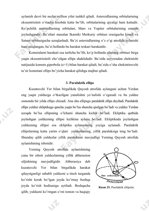 uzning tasviri k nuqtaga tushishi uchun teleskopni yulduzning haqiqiy yo’nalishida emas, balki yo’nalishida o’rnatish kerak. demak yorug’lik masofani o’tguncha yer harakati tufayli tasvir masofaga siljiydi. shunday qilib va yo’nalishlar orasida abberasiyaviy ( burchak hosil bo’ladi. uchburchakdan, . ( - kichikligini hisobga olib, bo’ladi. shuning uchun . formulaga qo’yib, ekanligini topamiz. ga abberasiya doimiysi deyiladi. yerning yillik harakati tufayli ekliptika qutbidagi yulduzlar yil davomida o’zining haqiqiy o’rni atrofida 20"50 radiusli kichik aylana chizadi. qolgan yulduzlar ellipslar chizadilar. bu ellipslarning katta yarim o’qlari ga teng bo’ladi (β - ekliptik kenglik) ekliptika tekisligidagi yulduz esa uzunligi uzunlikga ega bo’lgan yoy chizadi. paralaktik va abberasion siljishlarning farqi shundaki birinchi yulduzgacha bo’lgan masofaga bog’liq bo’lsa, ikkinchisi yer quyosh atrofida harakat tezligiga bog’liq bo’ladi. paralaktik ellipslarning katta yarim o’qlari har xil bo’lsa abbe​rasion ellipslarniki esa 20"50 ga tengdir. rasm 24. yoritgichni burchak diametri қ yer orbitasi rasm 25. paralaktik ellipslar. rasm 26. aberratsiyaning yoritgich ko’rinma joyiga …