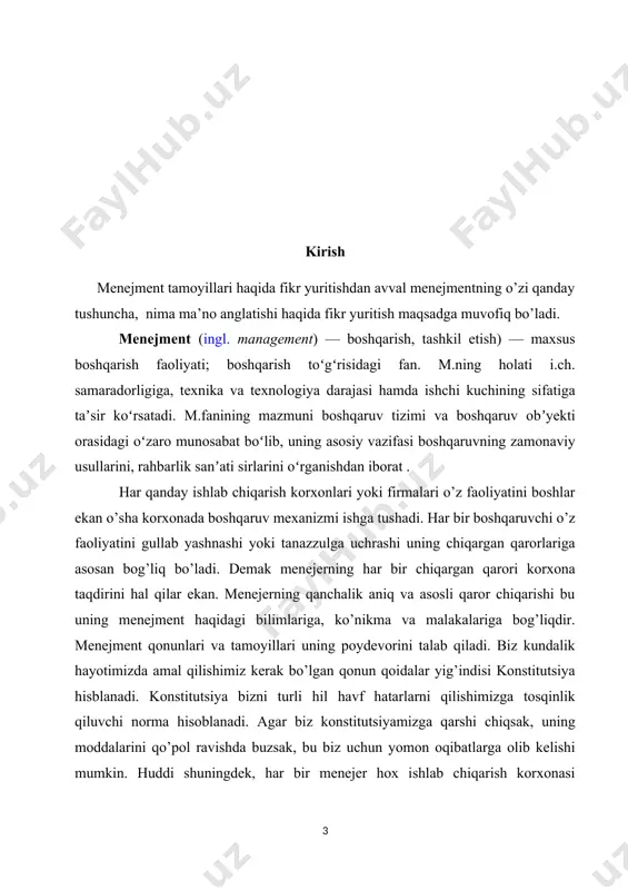 i sharoitlarida faoliyat yurituvchi firmalar, korxonalar, tashkilotlarni boshqarishning vujudga kelgan tizimi sifatida ularning ishlab chiqarish — xo‘jalik faoliyatining samarali rivojlanishi va faoliyat yuritishi uchun zarur sharoitlar yaratilishini ko‘zda tutadi. hozirgi kungacha sanoat, savdo, tijorat, qishloq xo‘jaligi sohalarida boshqaruvning boy amaliy tajribasi to‘plangan. vaholanki, ushbu masalaning nazariy tomonlari hali yetarlicha ishlab chiqilmagan. afsuski, mamlakatimizda m a’muriy buyruqbozlik tizimi yakka hokimligining o‘n yilliklari davomida boshqaruv nazariyasi va amaliyotini yetarlicha baholamaslik mavjud bo‘lgan. i-bob menejment, uning ilmiy yondashuvlari va tamoyillari. 1.1 menejment tushunchasi menejment bilimning yosh va jadal rivojlanayotgan sohasidir. rossiyada hukumatda ishtirok etish uzoq muddatli an'ana emas edi, hokimiyat odamlar o'zlarining zaifligini yoki zarurligini his qilganlarida, ularga murojaat qilishdi. shuning uchun mas'uliyatni o'z zimmasiga olish qo'l ostidagilar uchun odat bo'lib qolmagan, ya'ni tashkilot madaniyatining elementiga aylanmagan. o'z navbatida, hokimiyat uchun javobgarlik ham begona so'z edi. biroq, muvaffaqiyat yoki muvaffaqiyatsizlik har doim xodimlar tomonidan boshqaruv faoliyati bilan bog'langan. shuni ta'kidlash kerakki, bu boshqaruvda …