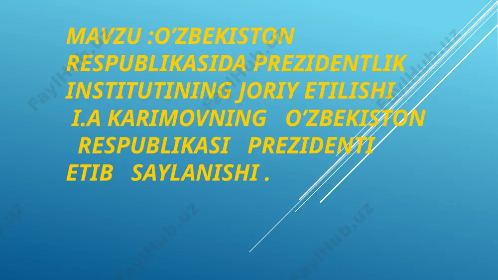 asining prezidenti o‘zbekiston respublikasining fuqarolari tomonidan umumiy, teng va to‘g‘ridan-to‘g‘ri saylov huquqi asosida yashirin ovoz berish yo‘li bilan besh yil muddatga saylanadi. prezidentni umumiy, teng, to‘g‘ridan-to‘g‘ri saylov asosida yashirin ovoz berish yo‘li bilan saylash dunyoning 110 ta davlatida qabul qilingan usuldir. o‘zbekistondagi prezidentlik institutining o‘ziga xosligi shundaki, bizda davlat boshlig‘ining vakolatida fuqarolarning huquqlari va erkinliklariga, o‘zbekiston respublikasining konstitutsiyasi va qonunlariga rioya etilishiga kafillik belgilanganligi, davlat hokimiyati organlarining kelishilgan holda faoliyat yuritishini hamda hamkorligini ta’minlashi, prezident saylovi kuni konstitutsiyada aniq belgilab qo‘yilgani, saylov komissiyalarining a’zolari saylovdan manfaatdor biron bir partiya a’zosi, yoki nomzod, uning ishonchli vakili bo‘lishi mumkin emasligi, prezident saylovining moliyaviy ta’minoti davlat mablag‘lari tomonidan qoplanishi va teng taqsimlanishi, nomzodlardan hech qanday saylov garovi, saylov fondini tashkil etish talab qilinmasligi, nomzodlarga saylovoldi tashviqotini o‘tkazish uchun davlat hisobidan teng efir vaqti va bosma maydon ajratilishi, yig‘ilishlar va uchrashuvlar o‘tkaziladigan vaqt hamda joy haqida saylovchilarga barvaqt xabar qilinishi, davlat organlari, jamoat birlashmalari, …