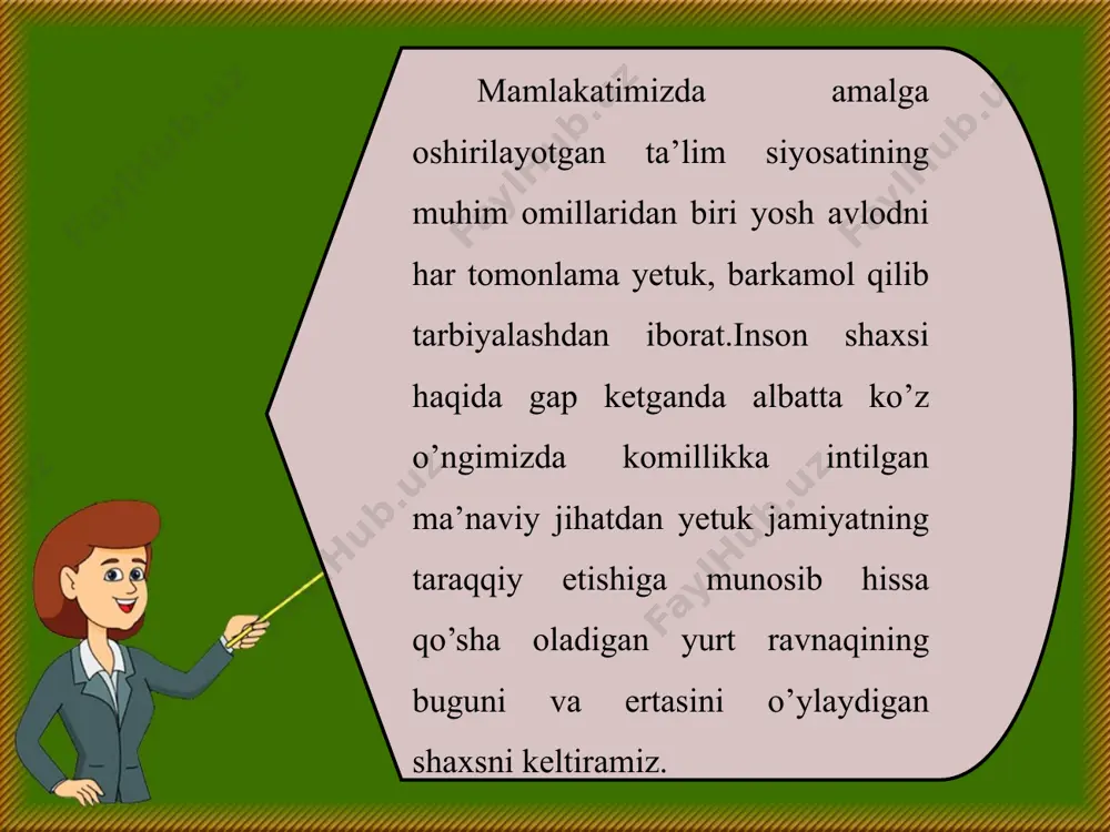 sharafi va g‘ururini his etish; - jamiyatga xizmat qilish shakli sifatida pedagogik faoliyatga tayyorlik darajasi. v.a.kan-kapin pedagogik faoliyat madaniyati tizimiga quyidagilarni kiritadi: ijodiy individuallik- sezgi, farosat, odob, intuistiya. v.a.kan-kapin pedagogik faoliyatga ijodiy jarayon sifatida qaraydi. pedagogik mahoratga u pedagogik mahoratlilikni kiritib, uni pedagogik madaniyatning bir qismi deb hisoblaydi. o‘qituvchining shaxsiy kasbiy pedagogik yo‘nalganligi. bu komponent tizimini tashkil etuvchi element hisoblanadi. u pedagogik jarayonning uning qiziqishlari, layoqati, ishonchi, g‘oyalari orqali pedagog faoliyatni insonparvarlashtirishga qaratilgan mustahkam sabablar to‘plamidan iborat bo‘ladi. pedagogik jarayoni tashkil etishda o‘qituvchining shaxsi kasbiy pedagogik yo‘nalganligi quyidagilarni o‘z ichiga oladi. bo`lajak o`qituvchi kasbiy tayyorgarligining mazmuni asrlar davomida pedagogika nazariyasi va tarixi sohasidagi bilimlarni o`z ichiga oladi. oliy ta`lim davlat ta`lim standartiga muvofiq, pedagogikaning nazariy asoslarini bilish pedagogika universiteti talabasi egallashi kerak bo`lgan vazifalaridan biridir. pedagogik sohaga kirib kelayotgan zamonaviy yosh mutaxassis, ta`lim faktlari, tushunchalari va nazariyalari bo`yicha bilimlar bilan qurollangan, tarixiy-pedagogik tafakkurga ega bo`lsa, o`z kasbiy faoliyatida ko`plab xatolardan …