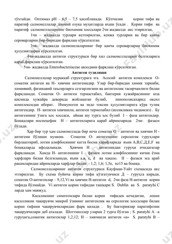 рнинг биохимик хоссалари 2чи жадвалда акс этирилган, 1чи – жадвалда турлари келтирилган, кенжа турларни ва бир қанча сероварларни бир-биридан фарқлаш кўрсатилган. 3чи- жадвалда салмонелаларнинг бир қанча сероварларни биохимик ҳусусиятларни кўрсатилган. 4чи-жадвалда антиген структураси бир хил салмонеллаларни белгиларига қараб,фарқлаш кўрсатилган. 5чи- жадвалда enterobacteriaceae авлодини фарқлаш кўрсатилган. антиген тузилиши салмонеллалар мураккаб структурага эга. асосий антиген комплекси о- соматик антиген ва н- хивчин антигенидир. улар бир-биридан химик таркиби, химиявий, физикавий таъсирларга сезгирлигини ва антигенлик тасирчанлиги билан фарқланади. соматик о- антиген термастабил, бактерия хужайрасининг юза қисмида хужайра деворида жойлашган булиб, липополисахарид оксил комплексидан иборат. иммуноген ва эндо токсин ҳусусиятларига кўра тулиқ антигендир. н- антиген хивчинли, антиген термолабил (иссикликка чидамсиз) . бу антигеннинг ўзига ҳос хоссаси, айнан шу турга ҳос булиб i – фаза антигендир. бошқалари носпецефик н – антигенларига қараб айримларида 2чи- фазаси бўлади. ҳар бир тур ҳам салмонеллада бир неча соматик о – антиген ва хивчин н - антигени бўлиши мумкин. соматик о- …