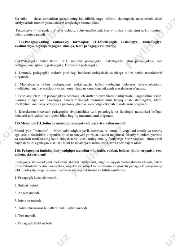 zimning ta'limoti; beshinchidan, ilmiy-pedagogik tadqiqotlarning boshlang'ich (asosiy) qoidalari, tuzilishi, funktsiyalari va usullari to'g'risida, oltinchidan, bu "nazariy va amaliy faoliyatni tashkil etish va qurish printsiplari va usullari tizimi, shuningdek ushbu tizim to'g'risidagi ta'limot" deb hisoblaydi.mashhur pedagogika metodisti v.v. kraevskiy ushbu sohadagi yutuqlarni sarhisob qilar ekan, "pedagogikaning metodologiyasi - bu pedagogik nazariyaning asoslari va tuzilishi, pedagogik voqelikni aks ettiruvchi bilimlarni olishning yondashuvi va usullari to'g'risidagi bilimlar tizimi, shuningdek bunday bilimlarni olish va asoslantiruvchi dasturlar, mantiq va asoslar. usullari, maxsus ilmiy pedagogik tadqiqotlar sifatini baholash. 208.tarbiya bu(t.i.: aniq maqsadga yonaltirilgan, a.avloniyning turkiy guliston yoxud axloq asari, xulq-atvor) tarbiya — shaxsda muayyan jismoniy, ruhiy, axloqiy, maʼnaviy sifatlarni shakllantirishga qaratilgan amaliy pedagogik jarayon; insonning jamiyatda yashashi uchun zarur boʻlgan xususiyatlarga ega boʻlishini taʼminlash yoʻlida koʻriladigan chora tadbirlar yigindisi. tarbiya insonning insonligini taʼminlaydigan eng qadimiy va abadiy qadriyatdir. tarbiyasiz alohida odam ham, kishilik jamiyati ham mavjud boʻla olmaydi. chunki odam va jamiyatning mavjudligini taʼminlaydigan qadriyatlar tarbiya …