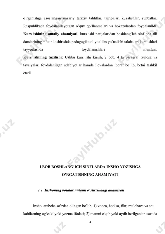 hga, soʻng matnni qismlarini yozishga va ikkinchi sinfdan boshlab maxsus tanlangan kichik matn asosida bayon yozishga oʻrgatiladi. insho oʻqib berilgan namunaviy matn mazmunini ma’lum tayyorgarlikdan soʻng yozma qayta hikoyalashdir. oʻqish darslarida matn ustida ishlash, oʻqilgan matn yuzasidan savollarga javob berish, reja tuzish va reja asosida ogʻzaki qayta hikoyalash bolalarni bayon yozishga tayyorlaydi. insho yozishning turlari xilma-xildir. har qanday qayta hikoya qilingan matn yuzasidan bayon yozish mumkin, ammo bayon yozish qayta hikoyalashga nisbatan qiyin va murakkab faoliyatdir. bundan tashqari boshlangʻich sinf oʻquvchilarining yozish sur’ati sekin, shunga koʻra bayon uchun kichik hajmdagi kompozitsiyasi sodda, til tomondan ham mos matn tanlanadi. insho matni asta-sekin murakkablashtirib boriladi. avval hikoya tarzidagi bir lavhani ifodalovchi bir matn tanlansa unga yana bir qancha lavhalarning tasvir elementlari kiritila boriladi, qatnashuvchilar soni orttiriladi, muhokama elementlari qoʻshiladi, keyinroq shaxsini oʻzgartirib bayon yozishga oʻtiladi. mashq sifatida bayonning ahamiyati katta: bayon oʻquvchilarda adabiy nutqni toʻgʻri shakllanishiga yordam beradi, nutq madaniyatini yaxshilaydi, badiiy …