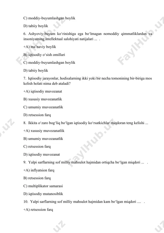 ik c) retsession farq d) iqtisodiy muvozanat 9. yalpi sarflarning sof milliy mahsulot hajmidan ortiqcha bo‘lgan miqdori ... . +a) inflyatsion farq b) retsession farq c) multiplikator samarasi d) iqtisodiy mutanosiblik 10. yalpi sarflarning sof milliy mahsulot hajmidan kam bo‘lgan miqdori .... . +a) retsession farq b) inflyatsion farq c) multiplikator samarasi d) iqtisodiy mutanosiblik 11. milliy xo‘jaliklarda bir yil davomida vujudga keltirilgan va bevosita iste`molchilarga borib tushishi mumkin bo‘lgan tayyor pirovard mahsulot va xizmatlarning bozor bahosidagi qiymati +a) yalpi milliy mahsulot b) sof milliy mahsulot c) yalpi ichki mahsulot d) milliy daromad 12. iqtisodiy sikl qanday harakatni ifodalaydi +a) milliy iqtisodiyotning bir iqtisodiy inqirozidan ikkinchisi boshlanguncha takrorlanib turadigan harakati b) iqtisodiyotnnig yuqorilab boruvchi chiziq shaklidagi harakati c) ishlab chiqarish o‘sish sur`atlarining o‘zgarishi d) takror ishlab chiqarish bosqichlarining almashinishi 13. iqtisоdiy sikl nеchta fazadan ibоrat? +a) 4 ta b) 3 ta c) 2 ta d) 5 ta 14. “juglar sikli”ning …