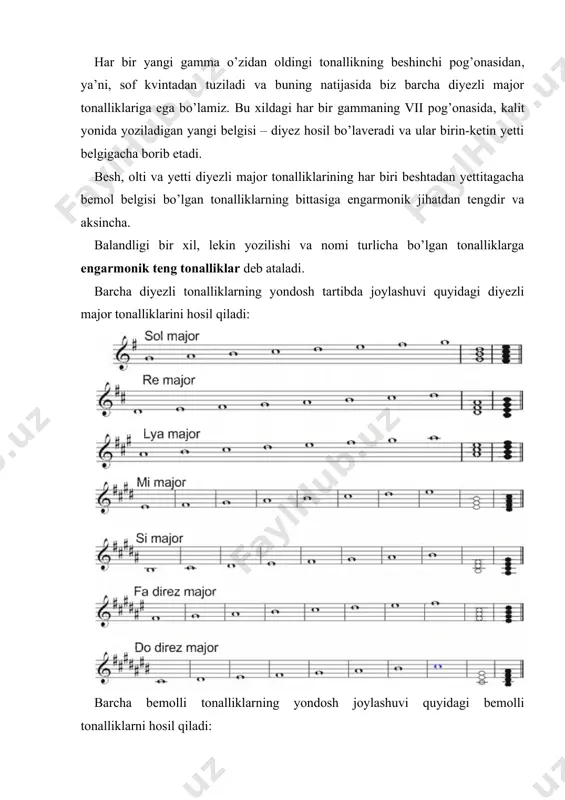 tinchi pog’ona o’rtasida orttirilgan sekundaning hosil bo’lishidir. melodik minor tabiiy minordan oltinchi va yettinchi pog’onalarining yarim tonga ko’tarilishi bilan farq qiladi. oltinchi pog’onaning yarim tonga ko’tarilishi gammaning yuqori qismidagi tovushlarning teng joylashuviga yordam qiladi. bunda birinchi pog’onaga qarab yarim ton tortilgan yuqoriga boshlovchi tovush saqlanishi lozim. melodik minor gammasi pastga tomon harakat qilganda undagi ko’tarilgan pog’onalar saqlanmaydi. gamma pastga tomon tabiiy minor pog’onalari bo’yicha harakat qiladi. bu tabiiy minorning pastga tomon harakati vaqtida oltinchi pog’onaning xususiyatini, ya’ni beshinchi pog’onaga intilishini tiklash bilan bog’liqdir. melodik minor gammasi sekundalarining birin-ketin yuqoriga tomon harakat qilishi quyidagi tartibda bo’ladi: kat.2, kich.2, kat.2, kat.2, kat.2, kat.2, kich.2. tabiiy ko’rinishdagi major va minorda bir xil nomdagi tovushlar bo’ladi. кalit belgisi bir xil bo’lgan major va minor tonalliklari parallel tonalliklar xe "параллел тоналликлар" \b deyiladi. masalan: minor gammalarida birin-ketin hosil bo’ladigan diyezlar har bir gammaning ikkinchi pog’onasiga to’g’ri keladi. bemollar esa oltinchi pog’onaga to’g’ri keladi. minor tonalliklarining …