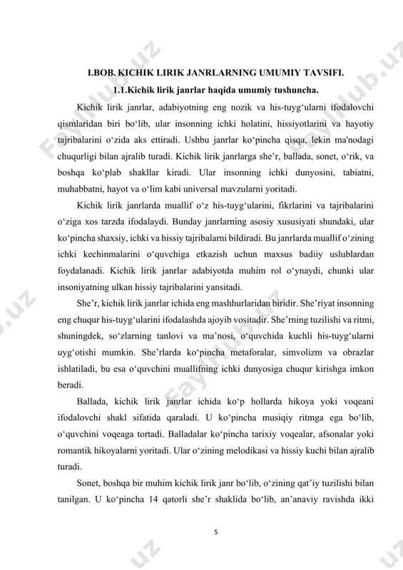 va qadriyatlarini aks ettirgan.bu janrlar orqali insoniyat o‘z tarixiy tajribalarini, madaniy merosini va hissiy holatlarini yodga olish imkoniyatiga ega bo‘ladi. ushbu kichik lirik janrlar insoniyatning ichki hissiyotlarini, tabiat va hayotning murakkabliklarini ifodalashda ajoyib vositalardir. ular o‘zining badiiy kuchi va ma'nodagi chuqurligi bilan adabiyotda o‘z o‘rnini egallaydi. kichik lirik janrlar, shubhasiz, insoniyatning o‘zini anglash, his-tuyg‘ularini ifodalash va o‘zaro bog‘lanish uchun muhim bir vositadir. kichik lirik janrlar haqida umumiy tushuncha, asosan, adabiyotshunoslikda o‘rganiladigan va adabiy san'atning eng qiziqarli, nafis turlaridan biri hisoblanadi. bu janrlar, o‘zining shakl va mazmun jihatdan qisqa bo‘lishi, tez va aniq bir hissiy holatni, kayfiyatni yoki fikrni ifodalashga qaratilganligi bilan ajralib turadi. kichik lirik janrlarning tuzilishi, ularning ifodalaydigan ma’nosi va ular orqali ko‘rsatilgan dunyoqarash, ko‘pincha keng tomoshabinlarga tezkor va samarali ta’sir ko‘rsatadi. shuning uchun, ular adabiyotning rivojlanishida muhim o‘rin tutadi. kichik lirik janrlar, odatda, qisqa o‘lchamdagi asarlar sifatida tanilgan. ular bir yoki bir nechta misra, qisqa she’r yoki aforizm, …