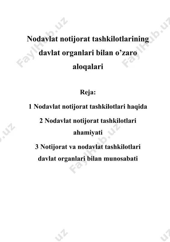 tashkilotlari haqida nodavlat notijorat tashkilotlari fuqarolarning sog'lig'ini muhofaza qilish, jismoniy tarbiya va sportni rivojlantirish, fuqarolarning ma'naviy va boshqa nomoddiy ehtiyojlarini qondirish sohasida ijtimoiy, xayriya, madaniy-ma'rifiy, siyosiy, ilmiy va boshqaruv maqsadlariga erishish uchun tuzilishi mumkin. fuqarolar va tashkilotlarning huquqlari, qonuniy manfaatlarini himoya qilish, nizo va nizolarni hal etish, yuridik yordam koʻrsatish, shuningdek, jamoat manfaatlariga erishishga qaratilgan boshqa maqsadlarda ham tuziladi. notijorat tashkilotlar tadbirkorlik faoliyati bilan shug'ullanish huquqiga ega, agar ushbu faoliyat tashkilotning maqsadlariga erishishga qaratilgan bo'lsa. britannica ma'lumotlariga ko'ra , notijorat tashkilot - bu foyda keltirmaydigan, fuqarolarning jamoaviy harakatlari orqali maqsadlarga erishishga qaratilgan tashkilotdir. kreda notijorat tashkilot - bu foyda olishning asosiy maqsadi bo'lmagan va olingan foydani ishtirokchilar o'rtasida taqsimlamaydigan yuridik shaxs deb yozilgan. oʻzbekiston respublikasining ntt to'g'risidagi qonuning 2-moddasida ushbu atamaga shunday ta'rif beriladi: "nodavlat notijorat tashkiloti — jismoniy va (yoki) yuridik shaxslar tomonidan ixtiyoriylik asosida tashkil etilgan, daromad (foyda) olishni oʻz faoliyatining asosiy maqsadi qilib olmagan hamda olingan daromadlarni …