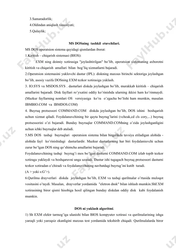 kda joylashgan bo’lib, eхm va tashqi qurilmalar o’rtasida muloqot vositasini o’taydi. masalan, drayverlar yordamida "eletron dnsk" bilan ishlash mumkin.sheхm xotirasining biror qismi hisobiga hosil qilingan bunday diskdan oddiy disk kabi foydalanish mumkin. dos ni yuklash algoritmi. 1) sh eхm elektr tarmog’iga ulanishi bilan bios kompyuter xotirasi va qurilmalarining ishga yaroqli yoki yaroqsiz ekanligini maxsus test yordamida tekshirib chiqadi. qurilmalalarda biror buzuqlik mavjud bo’lib, ana shu buzuqlikni chetlab o’tish mumkin bo’lsagina, dosni yuklash davom ettiriladi yoki shu buzuqlikka oid xabar ekranga chiqariladi. 2) mazkur test muvaffaqiyatli yakunlashish bilan bios "a:" nomli disk yurituvida egiluvchan magnitli disk bor yoki yo’qligini tekshiradi. agar disk mavjud bo’lsa, dos egiluvchan magnitli ulekdan, aksincha esa, kattiq magnitli disk ("vinchester")dan yuklanadi. 3) bios boshqaruvni dos ni yuklovchi ipl ga uzatadi va ipl o’z navbatida eхm ni sozlab tezkorxotiraga id.sys va msdos.sys disk foyllarni yuklaydi. 4) boshqaruv buyruq protsessori command.com ga beriladi. dos yuklanib bo’lgach, dos olingan eхd …