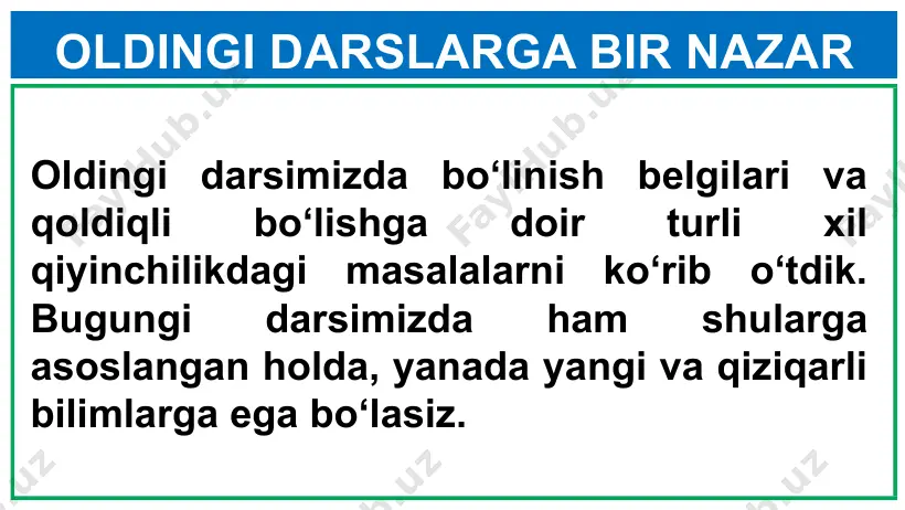 har 4 davrdan takrorlanishini bilib oldik 10-masala ‒ ifodaning oxirgi raqamini toping masalalar yechish: 2015:4=503(3 qoldiq) demak, - = …1+…1-…2=…0 butun sonlar → natural sonlar, ularga qarama-qarshi sonlar va nol butun sonlar to‘plamini tashkil qiladi. butun sonlar to‘plami z harfi bilan belgilanadi …, -3, -2, -1, 0, 1, 2, 3, … butun sonlar ustida ham ko‘pgina amallar bajarib, turli xil qiyinchilikdagi masalalarni yechish mumkin. 11-masala raqamlari yig‘indisi 2001 ga teng bo‘lgan eng kichik natural sonning birinchi raqami nimaga teng? masalalar yechish: son kichik bo‘lishi uchun: a) xonalari soni iloji boricha kamroq; b) birinchi raqami iloji boricha kichik bo‘lishi kerak. 2001=9∙222+3 ekanidan sonda 222 ta 9 va 1 ta 3 raqami bo‘lishi mumkin. 3 raqamini sonning oldiga qo‘ysak, u biz izlagan eng kichik son bo‘ladi. javob: 3 dtm-2017 mustaqil bajarish uchun topshiriqlar 1(m1). 270 va 300 sonlarining ekukini va ekubiga bo‘ling a) 25 b) 45 c) 225 d) 125 2(m1). 7 …
