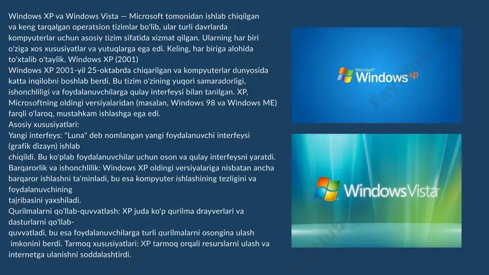 rqarorligi: windows 7, vista'dan ko'ra ancha barqaror va ishonchli bo'lib, kamroq tizim xatolariga olib keldi. yaxshilangan tarmoq va qurilma qo'llab-quvvatlash: windows 7 tarmoq qurilmalarini osongina ulashni va ko'plab qurilmalarga qo'llab-quvvatlashni ta'minladi. windows taskbar (ish stoli paneli): yangi "jumplist" va pin-to-taskbar imkoniyatlari bilan ishlashni ancha qulaylashtirdi. bu foydalanuvchilarga ilovalar va fayllarga tezroq kirish imkonini berdi. xavfsizlik va himoya: windows 7 windows vista'dan yaxshilangan xavfsizlikka ega edi, masalan, windows defender va windows firewall tizimlari. windows 8 (2012) windows 8 2012-yil 26-oktabrda chiqarildi va uning eng katta o'zgarishi — to'liq o'zgartirilgan foydalanuvchi interfeysi edi. windows 8 operatsion tizimi mobil qurilmalar va kompyuterlar uchun birlashtirilgan tizim sifatida ishlab chiqildi. yangi "metro" dizayni bilan, windows 8 mobil platformalarga moslashishga intildi, ammo bu yangiliklar ba'zi foydalanuvchilar tomonidan salbiy qarshilikka uchradi. asosiy xususiyatlari: "metro" interfeysi (modern ui): windows 8, "start" menyusini to'liq o'zgartirdi va uni yangi "metro" yoki "modern ui" interfeysi bilan almashtirdi. bu interfeys kutilganidan farqli …
