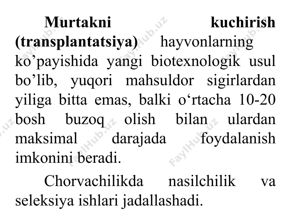 davomida har 12 soatda bir marta urug’lantiriladi. ba’zi vaqtlarda 3-4 marta urug’lantirishga ham to’g’ri keladi. urug’lantirish uchun yuborilgan spermaning har bir dozasidagi tirik harakatchan spermiylar soni 40-50 mln. dan kam bo’lmasligi kerak. ko’pincha urug’lantirish rektoservikal usulida bajariladi. murtakni ajratib olish. tuxum xujayralarining otalanishi tuxum yo’lida amalga oshadi. hosil bo’lgan murtak ko’pincha 4 kun ichida bachadon shoxiga tushadi. murtakni hayvon sun’iy urug’lantirilgandan keyingi 7-8 kunida (murtak tiniq pardasidan ajralmasdan) olinishi maqsadga muvofiq bo’ladi. murtakni ajratib olish xirurgik va noxirurgik usullarda bajariladi. murtakni noxirurgik usulda ajratib olish uchun hayvon maxsus stanoklarda fiksasiya qilindi. to’g’ri ichak tezakdan tozalanib, tuxumdon, tuxum yo’llari va bachadon batafsil tekshirilib, har bir tuxumdonda necha donadan sariq tana borligi aniqlanadi. murtakni noxirurgik usulda yuvib olish: 1– murtakni yuvib olish uchun kateter; 2– bachadon bo’yni va 3- shoxi; 4– havo yuborish uchun baloncha; 5 - tuxumdonlar. murtakni xirurgik usulda olish. bu usulda murtakni olishda hayvonda umumiy yoki mahalliy og’riqsizlantirish o’tkaziladi. …