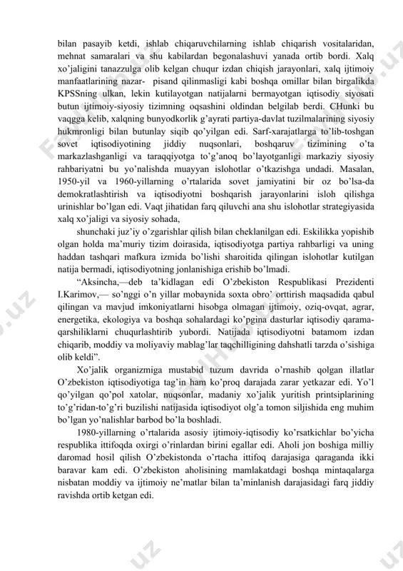 sur’atlari, yalpi mahsulot hajmi, mehnat unumdorligi shiddat bilan pasayib ketdi, ishlab chiqaruvchilarning ishlab chiqarish vositalaridan, mehnat samaralari va shu kabilardan begonalashuvi yanada ortib bordi. xalq xo’jaligini tanazzulga olib kelgan chuqur izdan chiqish jarayonlari, xalq ijtimoiy manfaatlarining nazar- pisand qilinmasligi kabi boshqa omillar bilan birgalikda kpssning ulkan, lekin kutilayotgan natijalarni bermayotgan iqtisodiy siyosati butun ijtimoiy-siyosiy tizimning oqsashini oldindan belgilab berdi. chunki bu vaqgga kelib, xalqning bunyodkorlik g’ayrati partiya-davlat tuzilmalarining siyosiy hukmronligi bilan butunlay siqib qo’yilgan edi. sarf-xarajatlarga to’lib-toshgan sovet iqtisodiyotining jiddiy nuqsonlari, boshqaruv tizimining o’ta markazlashganligi va taraqqiyotga to’g’anoq bo’layotganligi markaziy siyosiy rahbariyatni bu yo’nalishda muayyan islohotlar o’tkazishga undadi. masalan, 1950-yil va 1960-yillarning o’rtalarida sovet jamiyatini bir oz bo’lsa-da demokratlashtirish va iqtisodiyotni boshqarish jarayonlarini isloh qilishga urinishlar bo’lgan edi. vaqt jihatidan farq qiluvchi ana shu islohotlar strategiyasida xalq xo’jaligi va siyosiy sohada, shunchaki juz’iy o’zgarishlar qilish bilan cheklanilgan edi. eskilikka yopishib olgan holda ma’muriy tizim doirasida, iqtisodiyotga partiya rahbarligi va uning …