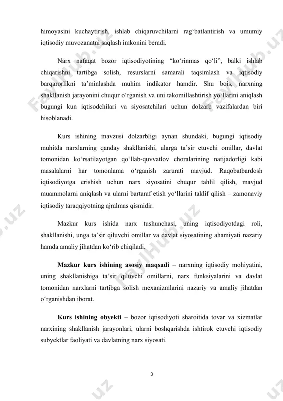 qiluvchi asosiy omillarni aniqlash; 4. bozor iqtisodiyoti sharoitida narxning shakllanish mexanizmini yoritish; 5. davlatning narx siyosati va uning iqtisodiy muvozanatga ta’sirini o‘rganish; 6. narxlarning o‘zgaruvchanligi va inflyatsiya jarayonlari bilan bog‘liq muammolarni ko‘rsatib berish; 7. amaliy misollar asosida narx shakllanishiga oid tahlil ishlari olib borish va xulosalar ishlab chiqish. asosiy qism 1.narx tushunchasi va uning iqtisodiy ahamiyati narx – bu raqobat, resurslarni qayta taqsimlash, kapital harakatining vositasidir. narx – tovar, buyum va xizmatlar qiymatining puldagi ifodasi. narx bu tovar nafliligi tan olinganda uning qiymatining pulda ifodalanishi, qiymatning bozorda namoyon bo‘lish shakli. qiymat – bu xaridorning mahsulotdan ko‘rgan foydasi, foydalanish darajasi. xaridorning mahsulotni xarid qilishi uning xohishi, didi va to‘lov qobiliyatiga bog‘liq, bundan tashqari agar xaridorga bitta birlik mahsulot kerak bo‘lsa, unda bitta turdagi to‘lash qobiliyati bo‘ladi. agarda unga bir nechta mahsulot kerak bo‘lsa, unda har bir mahsulot uchun boshqa to‘lash qobiliyati bo‘ladi. chunki mahsulotning keyingi donasi kamroq qadrli bo‘ladi. bu haqiqat …