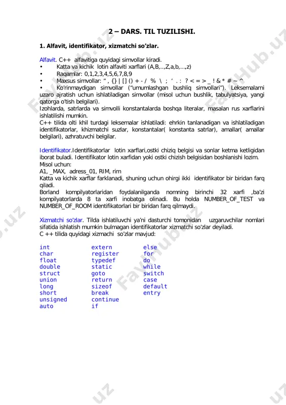 arni tez va sifatli yozish hozirgi kunda katta ahamiyat kasb etmoda. buni ta'minlash uchun ob'ektli dasturlash g'oyasi ilgari surildi. huddi 70-chi yillar boshida strukturali dasturlash kabi, programmalarni hayotdagi jismlarni modellashtiruvchi ob'ektlat orqali tuzish dasturlash sohasida inqilob qildi. c++ dan tashqari boshqa ko'p ob'ektli dasturlshga yo'naltirilgan tillar paydo bo'ldi. shulardan eng ko'zga tashlanadigani xerox ning palo altoda joylashgan ilmiy-qidiruv markazida (parc) tuzilgan smalltalk dasturlash tilidir. smalltalk da hamma narsa ob'ektlarga asoslangan. c++ esa gibrid tildir. unda c ga o'hshab strukturali dasturlash yoki yangicha, ob'ektlar bilan dasturlash mumkin. yangicha deyishimiz ham nisbiydir. ob'ektli dasturlash falsafasi paydo bo'lganiga ham yigirma yildan oshayapti. c++ funksiya va ob'ektlarning juda boy kutubhonasiga ega. yani c++ da dasturlashni o'rganish ikki qismga bo'linadi. birinchisi bu c++ ni o'zini o'rganish, ikkinchisi esa c++ ning standart kutubhonasidagi tayyor ob'ekt/funksiyalarni qo'llashni o'rganishdir. 2 – dars. til tuzilishi. 1. alfavit, identifikator, xizmatchi so’zlar. alfavit. c++ alfavitiga quyidagi simvollar kiradi. • katta va …