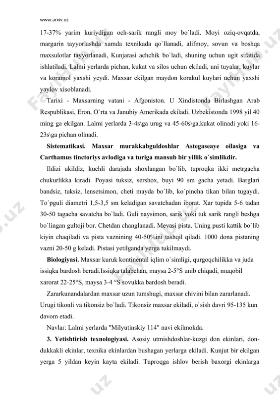 bilan zararlanadi. urugi tikonli va tikonsiz bo`ladi. tikonsiz maxsar ekiladi, o`sish davri 95-135 kun davom etadi. navlar: lalmi yerlarda "milyutinskiy 114" navi ekilmokda. 3. yetishtirish texnologiyasi. asosiy utmishdoshlar-kuzgi don ekinlari, don-dukkakli ekinlar, texnika ekinlardan bushagan yerlarga ekiladi. kunjut bir ekilgan yerga 5 yildan keyin kayta ekiladi. tuproqga ishlov berish baxorgi ekinlarga qanday o`tkazilsa, shunday bajariladi. maxsar erta baxorda ekiladi, kunjut aprelning oxiri, mayning o`rtalarigacha ekiladi. kujutni angizga iyun oyining birinchi yarmida ekilgani ma`kul. eqish usuli-keng katorlab, kator orasi 45-60 sm. yoppasiga katorlab ekilishi xam mumkin. eqish chukurligi kunjut uchun 2-3 sm, maxsar uchun-3-6 sm. eqish me`yori: kunjut 1,5-2,0 mln.dona (4-8kg), maxsar -200-400 ming.dona.ga(10-15 kg), tog oldi lalmi yerlarda yoppasiga katorlab 25kg\ga xisobiga ekiladi. ekinlarni parvarishlashda-borona qilinadi, kator orasiga ishlov beriladi, kunjut 2-4 ta sugoriladi, shundan gullash davrida 2 marta sugorish me`yori-600-800 kub.m.ga. kunjut uchun ugitlar me`yori: azot-50-100kg, fosfor-100-150kg, kaliy-50-70 kg sof modda xisobida. ugitlash me`yori tuproq unumdorligiga, rejalashtirilgan xosilga, eqish …