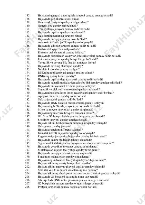 landi? 96. biologiyada antibiotiklarni tadqiq qilish qanday bosqichlarda rivojlandi? 97. biologiyada hayotning molekulyar asosi qachon o‘rganila boshladi? 98. biologiyada genetik xavfsizlik qanday ta’minlanadi? 99. biologiyada regenerativ tibbiyot qachon rivojlanishni boshladi? 100. biologiyada bioetik muammolarga qanday yondashuvlar mavjud? 101. hujayra nima? 102. hujayraning asosiy tuzilmalari nimalardan iborat? 103. hujayralar qanday ikki asosiy turga bo‘linadi? 104. prokaryot hujayralar qanday xususiyatlarga ega? 105. eukaryot hujayralarning prokaryotlardagi farqi nimada? 106. sitoplazma nima va uning vazifasi qanday? 107. hujayra membranasining asosiy tuzilishi qanday? 108. hujayra membranasidagi fosfolipidlar qanday rol o‘ynaydi? 109. membranadagi oqsillarning vazifalari qanday? 110. hujayra devori nima va qaysi organizmlarda uchraydi? 111. hujayra devori qaysi moddadan iborat? 112. sitoplazmatik oqim nima va qanday yuzaga keladi? 113. hujayraning kimyoviy tarkibi nimalardan iborat? 114. hujayraning asosiy organik moddalari nimalar? 115. hujayradagi anorganik moddalar qaysilar? 116. nukleus (yadro) hujayraning qaysi qismida joylashgan? 117. yadroning asosiy tarkibi nima? 118. yadro pardasi qanday funksiyani bajaradi? 119. nukleolning vazifasi …