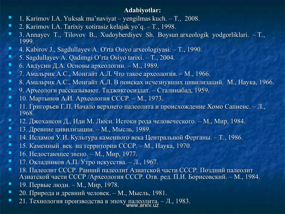 .uz www.arxiv.uz tosh davri eng uzoq davom etgan tarixiy davr hisoblanib, qadimgi odamlar tomonidan mazkur davrda asosiy mehnat qurollari toshdan yasalgan. tosh davri milodgacha iv ming yillikkacha davom etgan. www.arxiv.uz www.arxiv.uz tosh davrida insoniyat rivojlanishining natijasi o’laroq ko’plab yirik kashfiyotlar qilingan. ular sirasiga olovni olish va undan foydalanish, kiyim-kechak tayyorlash, uy-joy qurish, kamonning kashf etilishi, turli mehnat, ov va baliqchilik qurollarining yasalishini alohida ko’rsatib o’tish mumkin. tosh davrining oxiriga kelib odamlar turli idishlar yasashni, mato tayyorlashni o’rganadilar. www.arxiv.uz www.arxiv.uz paleolit davri tosh davrining eng qadimgi davri bo’lib, bundan 3,5 mln.dan 14 ming yillikkacha bo’lgan davr kiradi. paleolit davri o’z navbatida 3 bosqichga bo’linadi: quyi yoki ilk paleolit (3,5 mln. – 150 mingyillik), o’rta paleolit (150 ming yillikdan – 40 ming yillikgacha) va yuqori yoki so’nggi paleolit (40 – 14 ming yilliklar). www.arxiv.uz www.arxiv.uz yunon faylasufi demokrit (mil.av. 460-370) aristotel, mil.avv. i asrning 1-yarmida yashab o’tgan faylasuf lukretsiyning asarlarida ibtidoiy davr …