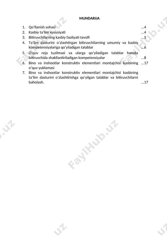 chanlik, diqqatni bir joy qaratish, fikrni jamlash, qo‘l-oyoq harakatini jarayonga moslashtirish, har tomonlama tez fikrlash va faraz qilish, yorug‘likni sezish, faol va tez xotirlash, harakat xotirasi va moslashuvchanlik. 2.3. ta’limni davom ettirish imkoniyatlari. 40730303 - bino va inshootlar konstruktiv elementlari montajchisi kasbi bitiruvchisi keyinchalik kasbiy ta’limini chuqurlashtirish maqsadida: kadrlar malakasini oshirish tizimida, tarmoq o‘quv muassasalarida va maxsus kurslarida malakani oshirishi; kasbiy faoliyatning tegishli sohasida yanada yuqoriroq malakaga erishish maqsadida oliy ta’lim muassasasida o‘qishni davom ettirishi mumkin. 2.4. o‘qishga qabul shartlari. o‘qishga qabul shartlari amaldagi qonunchilik asosida amalga oshiriladi. 3. bitiruvchilarning kasbiy faoliyati tavsifi 3.1. bitiruvchining kasbiy faoliyat sohasi: alyumin profil va polivinilxlorid eshik va derazalarni montaj qilish va yig‘ish. bino va inshootlar konstruktiv qismlarining tashqi va ichki yuzalariga alyumin kompozit panellarini qoplash. alyumin, kompozit mahsulotlari montaji, bichuvchi, yig‘uvchi, texnologik operatsiyalar ketma-ketligi, blok, probkalar, kupe, anteresol, dekorativ ishlar, bino va inshootlar konstruktiv elementlari montaji, mebellar va pollarni mustahkamlash,o‘rnatish va joylashtirish 3.1. …