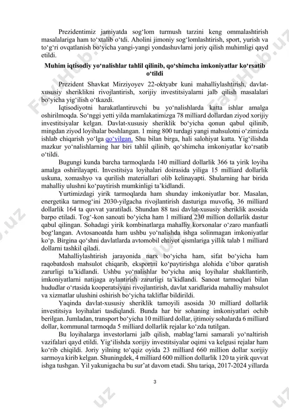 hat ekishga mas’ul bo‘ladi. chiqindi poligonlari atrofida “yashil belbog‘” barpo etiladi. qayd etilganidek, keyingi yilda “yashil makon” loyihasi uchun 100 milliard so‘m ajratiladi. endilikda daraxtlarni 3 yil parvarishlash, kasallikdan saqlash, sug‘orish xarajatlari ham investitsiya dasturiga kiritiladi. sug‘orish bo‘yicha ikki xil tajriba amalga oshiriladi. xususan, 27 ta tumanda bittadan quduq qazishga ruxsat beriladi. bahorda 14 ta tumanning tog‘ va adir qiyaliklarida qavat-qavat qilib, 500 gektar daraxt ekiladi. viloyatlarda “mening bog‘im” loyihasi bo‘yicha yashil hududlar va jamoat parklari barpo etish bo‘yicha topshiriqlar berildi. bu maydonlar ekish mavsumigacha “ochiq byudjet” portaliga qo‘yilib, daraxt turlari bo‘yicha tavsiya va ularning narxi ko‘rsatiladi. bunda parvarishlashda mas’uliyatsizlik qilgan shaxslarni mobil ilova orqali ogohlantirish tizimi yo‘lga qo‘yiladi. so‘nggi vaqtlarda yurtimizda chang bo‘ronlari tez-tez sodir bo‘layotgani qayd etildi. bunga global iqlim o‘zgarishi bilan birga daraxtlarning noqonuniy kesilishi, suv kamayishi, chorva tartibsiz boqilishi ham sabab bo‘lmoqda. cho‘llardagi o‘simliklar turlari ham keskin kamaygan. davlatimiz rahbari aholi ko‘payib borayotgan hozirgi sharoitda oziq-ovqat …