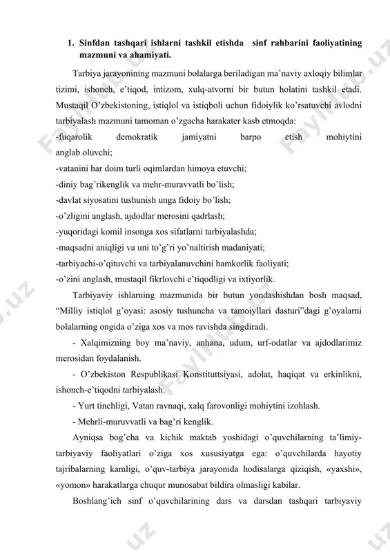 staqil o’zbekiston. d) butun dunyo o’zbeklari nima bilan faxrlanishlari. e) o’zbekiston madhiyasida milliy g’urur. turmush madaniyati: a) oilaning iqtisodi ildizi, uni boshqarishda oila a’zolarining hamjihatligi, byudjet taqsimoti; b) oilaviy anhanalar va unga nisbatan sadoqat hissi; v) oilaviy marosimlar, oilaning har bir a’zosining o’rni va burchi; g) oila istiqboliga hiyonat qilmaslik; d) oila a’zolarining burchi; e) zamonaviy oilaning shakli, ma’naviy go’zalligi; z) sharqona oila jihozi; j) sog’lom tan, sport xonadon ko’rki. o’zbek tili sofligi xalq iftixori: a) tilning tarixini o’rganish. dastlabki turkiy tilda yozilgan asarlarni o’rganish (mahmud qoshg’ariy, alisher navoiy). b) tilshunos olimlar bilan uchrashuv; v) sof o’zbek tili sirlari, til o’rganish haqida donolar hikmatlari; g) sharqona o’qishning ohangdorligi haqida ta’limot berish; d) sharqshunoslik va til-adabiyotlar ilm maskanlariga tashrif buyurish; milliy urf-odatlari, rasm-rusmlar va marosimlar: a) milliy urf-odatlari kelib chiqish tarixi, unga amal qilishning ijobiy tomonlari; b) xalq folg’klor va yodgorliklarida rasm-rusum, irim-sirimlarni asoslab berilishi; v) turli millat xalqlarining urf-odatlari va …