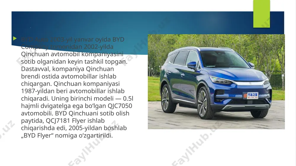 avtomobillar va boshqa transport turlarini sotish va ularga kafolatli texnik xizmat ko‘rsatish bilan shug‘ullanadi; changsha byd auto co., ltd. – avtomobillar va ularning ehtiyot qismlarini ishlab chiqaradi; byd (shangluo) industrial co., ltd. – quyosh panellarini ishlab chiqaradi. bu kompaniyalarning barchasi xitoyda joylashgan. . byd nega tez ommalashdi? 2023 yilda byd kompaniyasi elektromobillar va gibrid avtomobillar sotish bo‘yicha tesla kompaniyasiga juda yaqin keldi. 2023 yil yakunlariga ko‘ra tesla yil davomida 1,8 mln dona, byd kompaniyasi esa 1,6 mln dona elektromobil sotgan. mutaxassislar xitoy kompaniyasi 2024 yildayoq elektromobillar sotish bo‘yicha teslaʼni ortda qoldirishini va dunyoda birinchi o‘ringa chiqishini taxmin qilishmoqda. xo‘sh, byd kompaniyasida tayyorlangan elektromobillar nega tez ommalashmoqda? buning bir nechta sabablari bor. elektromobillarning narxi. xitoyda ishchi kuchi aqsh va yevropadagidan ancha arzon. shuning hisobidan byd kompaniyasida tayyorlanayotgan elektromobillar tannarxi teslaʼga qaraganda ancha arzon chiqyapti. aynan shu omil ham byd elektromobillarning ko‘proq sotilishiga sabab bo‘lyapti. sifatning yaxshilanib borayotgani. byd kompaniyasi o‘zi ishlab …