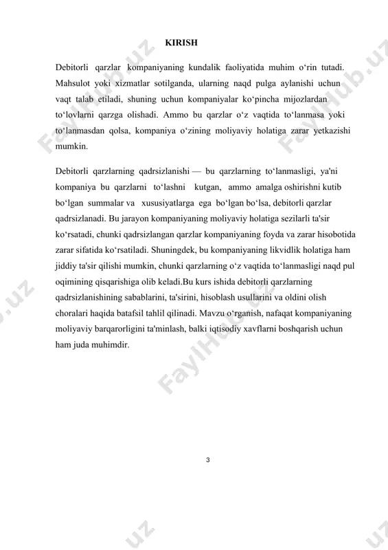 di. bu shuni anglatadiki , kompaniya xaridorga tovar ( ish va xizmatlar) taqdim etgandan so’ng faqat muddat tugashini kutishdan boshqa majburiyatlarni bajarishni o’z zimmasiga olmaydi. bu debetorlik qarzni tan olishning eng muhim sharti xisoblanadi. kompaniya maxsulotni xaridorga etkazib beradi, so’ngra shartnomada keltirilgan muddatgacha to’lovni kutadi. bunday xolatlarda etkazilgan maxsulot va ko’rsatilgan xizmatlarning qiymati debitorlik qarzi sifatida tan olinadi. 1.2 debitorlik qarzlarini tan olinishi savdo debitorlik qarzlarini daromadlarini xisoblash tamoyiliga muvofiq tan olinadi. birinchi qoida debetorlik qarzlarini tan olish momenti tushumning tan olinishi momentiga aynan muvofiq keladi . 15 – son mxxs 31- bandiga muvofiq qachonki ( yoki vaqt davomiyligida ) tashkilot vada qilingan tovar yoki xizmatlarni ( ya’ni aktivlarni ) uzatish yo’li bilan bajarilishlarga oid majburiyatlarni bajarsa tashkilot tushumni tan oladi. shu bois tashkilot har bir shartnomaning boshlanishida xar bir bajarilishlarga oid majburiyatlarga nisbatan ushbu majburiyat vaqt davri davomida yoki u aniq vaqt momentida bajarilishini aniqlashi lozim buladi. xalqaro standartlar …