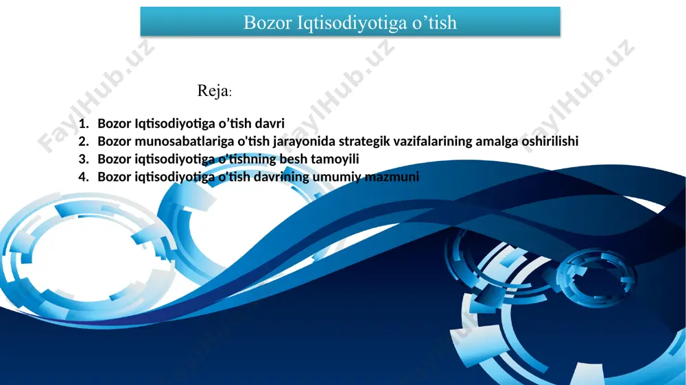 lib ke-ladi, ancha izchil va muqarrardir. tartibga solinadigan bozor iqtisodiyotiga o'tish yo'llarigina emas, balki uning andozalari ham xilma-xildir. eng awalo, ular shunday bozor iqtisodiyoti vujudga keltirilayotgan va amal qilib turgan mamlakatlarning milliy xususiyatlari va an'analari bilan farq qiladi. shu boisdan bozor iqtisodiyotining ma'lum ando​zalari ularni amalga oshiruvchi muayyan mamlakatga mansubli-giga qarab ajratiladi. masalan, germaniya, janubiy"" koreya, turkiya, argentina, polsha andozalari va hokazo.' jahonda bozor iqtisodiyotiga o’tish munosabatlari bozor iqtisodiyotiga o'tish davrining umumiy mazmuni iqtisodiy munosabatlarning alohida unsurlarini isloh qilish yoki iqtisodiy siyosatga tuzatishlar kiritish emas, balki butun iqtisodiy munosabatlar tizimini o'zgartirishdan iboratdir. ma'muriy buyruqbozlikka asoslangan iqtisodiyotdan bozor iqtisodiyotiga o'tish davri deganda ma'muriy-buyruqbozlik tizimini bartaraf etish yoki tubdan o'zgartirish hamda bozor tizimining asoslarini shakllantirish jarayonlari amalga oshirilu-vchi tarixiy davr tushuniladi. 1980-1990 yillarga kelib dunyoda ro'y bergan muhim o'zgarishlar iqtisodiy taraqqiyot istiqbollari to'g'risidagi nazari-yalarni qaytadan ko'rib chiqish va ularga jiddiy o'zgartirishlar kiritishni zarur qilib qo'ydi. chunki bu vaqtga kelib g'arbiy mamlakatlarda uzoq …