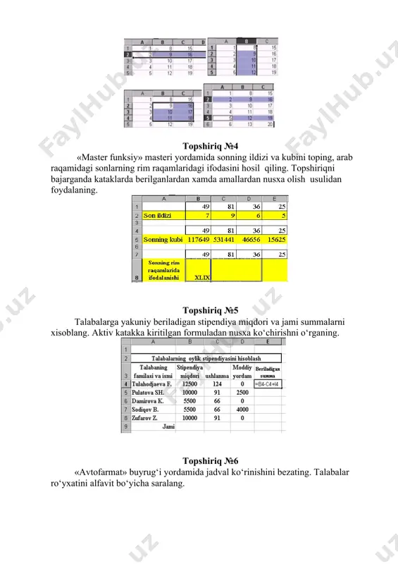 lar о‘zlashtirishini ifodalovchi doiraviy diagramma tuizing. topshiriq №9 jadvalda berilgan ma’lumotlarning turli tiplardagi diagrammalarini hosil qiling. topshiriq №10 ms excel ishchi kitobi saxifalarining nomini о‘zgartirish, olib tashlash, yangi saxifa qо‘shish va saxifalardan nusxa kо‘chirish xamda joyini о‘zgartirish amallarini bajaring. topshiriq №11 bir nechta oynalarni ochib, ularni yonma-yon, yuqorida – pastda va kaskad shaklida joylashtiring. a) yonma yon joylashgan oynalar: 0. yuqorida – pastda joylashgan oynalar: 0. kaskad xolatda joylashgan oynalar: topshiriq №12 berilgan ma’lumotlarga asosan firmaning yillik ishlab chiqarish va yillik daromad natijalarini xisoblang. “sharq” kо‘ptarmoqli firmasi bо‘yicha tovarlar ishlab chiqarish va xizmatlar kо‘rsatishning bashorat hajmi о‘rsatilgan xizmatla r/ ishlab chiqarilg an tovarlar arxisо‘m oylik ishlab chiqarish llik ishlab chiqarish yillik daromad 2023 2024 2025 2023 2024 025 023 2024 2025 ayollar kо‘ylagi 6600 24 26 32 yubka 3000 52 53 63 jaket 4500 63 64 75 shim 7000 84 94 122 kastyum 25000 28 36 45 makaron 500 220 …
