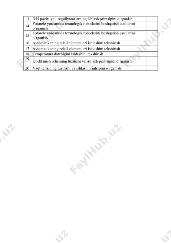 sida asosiy tushunchalar va ularning tuzilma chizmalari keltirilgan. 1-mavzu: robototexnika asoslari faniga kirish reja: 1. robototexnika asoslari haqida umumiy ma’lumot 2. sanoat roboti va uning tuzilmasi 3. yuritmalarning boshqarish qurilmasi «robot» so‘zi birinchi marotaba 1920-yilda chex yozuvchisi karel chapekning «rur» (rossum universal robotlari) pyesa- sida ishlatilgan. robot tushunchasi keng doiradagi turli siste- malar va qurilmalar bilan bog‘liq. robotning turli xil avtomatik tizimlar va qurilmalardan asosiy farqi, unda odam harakatlariga o‘xshash harakatlar qila oladigan organning, ya’ni mexanik qo‘llar (manipulyatorlar) ning borligi va u yordamida robot tashqi muhitga ta’sir qilish imkoniyati borligidir. robot odam o‘rniga turli xil manipulya- tsiyalarni qila oladigan mashina – avtomatdir (1.1-jadval). robotlar manipulyatorlar deb ataladigan mashinalar sinfiga kiradi. manipulyatorlar – ko‘p zvenolardan iborat mexanizm bo‘lib, odam qo‘li harakatlarini imitatsiya qilishga mo‘ljallangan qurilmadir, u masofadan operator yoki programmali boshqarish tizimi tomonidan boshqariladi. sanoat roboti (sr) – ishlab chiqarish jarayonida harakat va boshqaruv funksiyalarini bajarish uchun mo‘ljallangan, bir nechta harakatlanish …