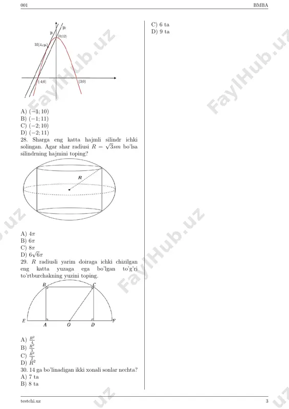 matematika 1. qaysi songa 7 ni qo’shib yig’indini 7 ga bo’lib, natijadan 7 ga ayirib, unga 7 ko’paytirilsa 7 chiqadi? a) 81 b) 30 c) 49 d) 50 2. qaysi songa 6 ni qo’shib yig’indini 6 ga bo’lib, natijadan 6 ga ayirib, unga 6 ko’paytirilsa 6 chiqadi? a) 72 b) 36 c) 30 d) 42 3. tenglama nechta haqiqiy yechimga ega? √ x+ 5 = x2 − 5 a) 0 b) 3 c) 2 d) 4 4. −→a (3; k; 6) va −→ b (4; 6; 9) perpendikulyar bo’lsa, k ni toping a) -12 b) -11 c) -13 d) -10 5. arifmetik progressiyaning dastlabki to’rtta hadi yig’indisi 16 ga, dastlabki 8 ta hadi yig’indisi 44 ga teng bo’lsa, arifmetik progressiyaning ayirmasini toping. a) 3 4 b) 1 4 c) 1 2 d) 1 6. ∫ e3 e lnx x dx aniq integralni hisoblang. a) 4 b) 2 c) 3 d) …