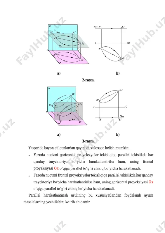 a berilgan ab kesmani v tekislikka parallel vaziyatga keltirilsin (4,a,b–rasm). yechish. ab∥v bo‘lishi uchun chizmada a′b′∥ox bo‘lishi kerak. demak, bu misolni yechish uchun h tekislikda (4,a–rasm) ixtiyoriy a1′ nuqta tanlab, u orqali ox o‘qiga parallel l′ to‘g‘ri chiziq o‘tkazamiz va unga a1′b1′=a′b′ kesmani o‘lchab qo‘yamiz. kesmaning yangi frontal proyeksiyasini parallel harakatlantirish xususiyatiga muvofiq aniqlaymiz: kesmaning a″ va b″ proyeksiyalari mos ravishda h1v va h2v bo‘yicha ox o‘qiga parallel ravishda harakatlanadi va a1″, b1″ vaziyatlarga keladi. natijada, v tekislikka parallel a1b1(a1′b1′,a1″b1″) to‘g‘ri chiziq kesmasining proyeksiyalari hosil bo‘ladi. shuningdek, ab kesma v tekislikka parallel bo‘lishi bilan birga uning haqiqiy o‘lchami va h tekislik bilan tashkil etgan α burchagi aniqlanadi. a) b) 4-rasm. 2–masala. umumiy vaziyatdagi ab(a′b′,a″b″) kesma h tekislikka perpendikulyar vaziyatga keltirilsin (5–rasm). yechish. dastlab ab kesmani harakatlantirib, v tekislikka parallel a1b1(a′1b′1,a1″b1″) vaziyatga keltiramiz. so‘ngra ixtiyoriy b2″ nuqta tanlab olamiz va bu nuqtadan b2″⊥ox to‘g‘ri chiziq o‘tkazamiz va unga a2″b2″=a1″b1″ kesmani o‘lchab …